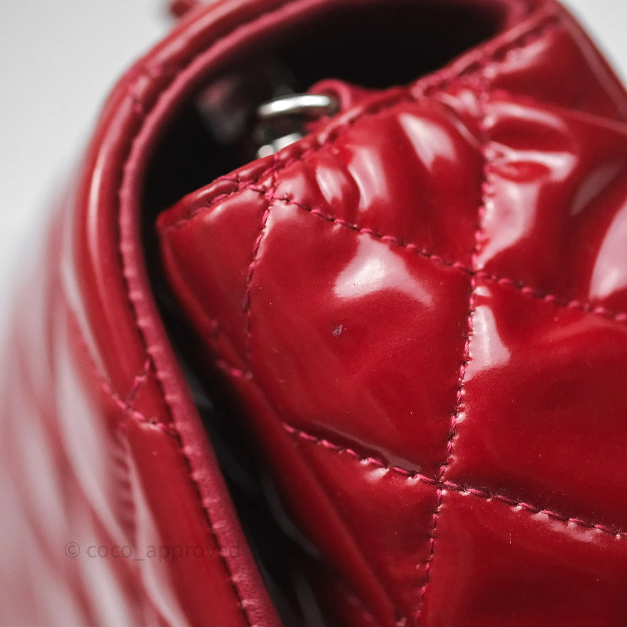 Chanel Quilted Mini Rectangular Flap Red Patent Silver Hardware