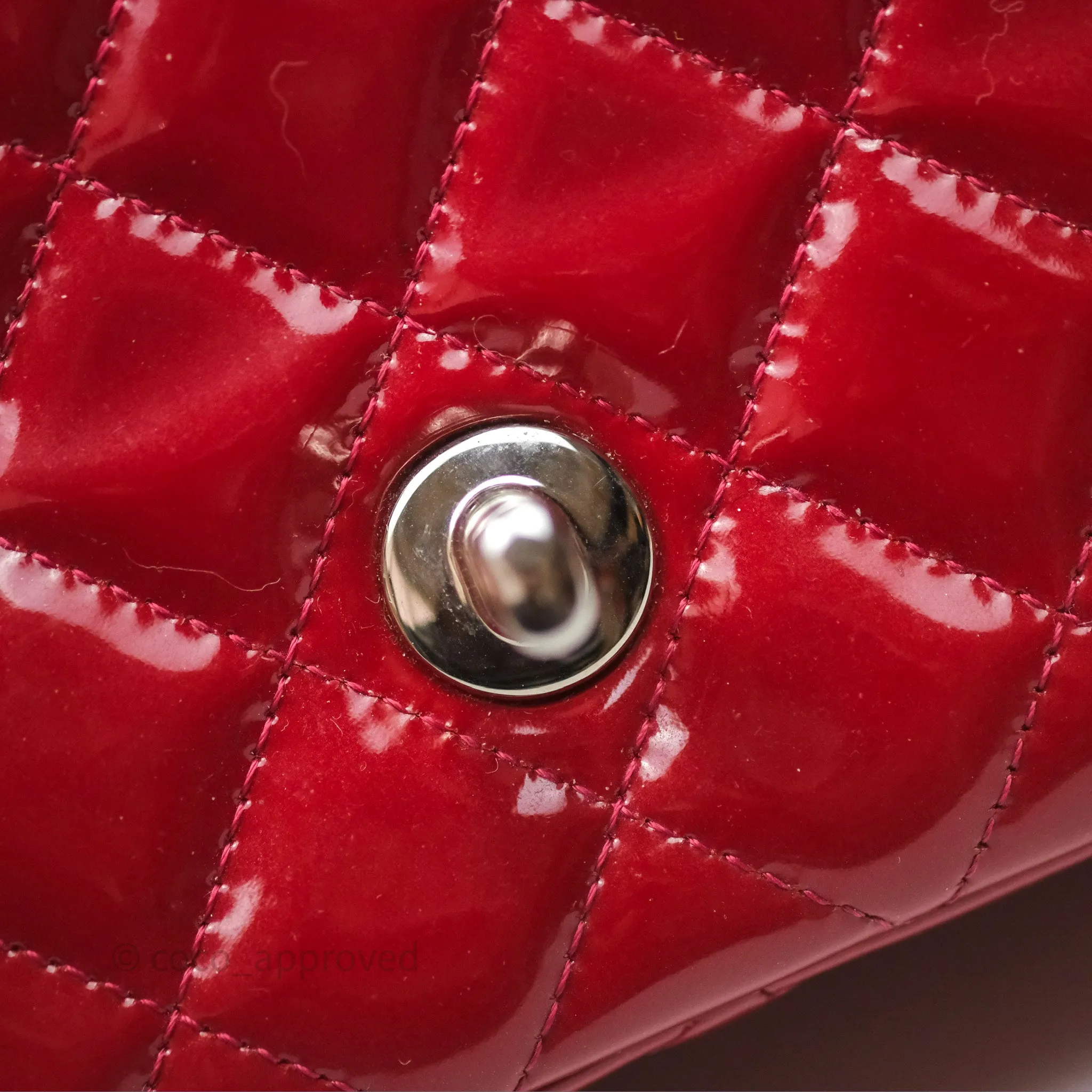 Chanel Quilted Mini Rectangular Flap Red Patent Silver Hardware