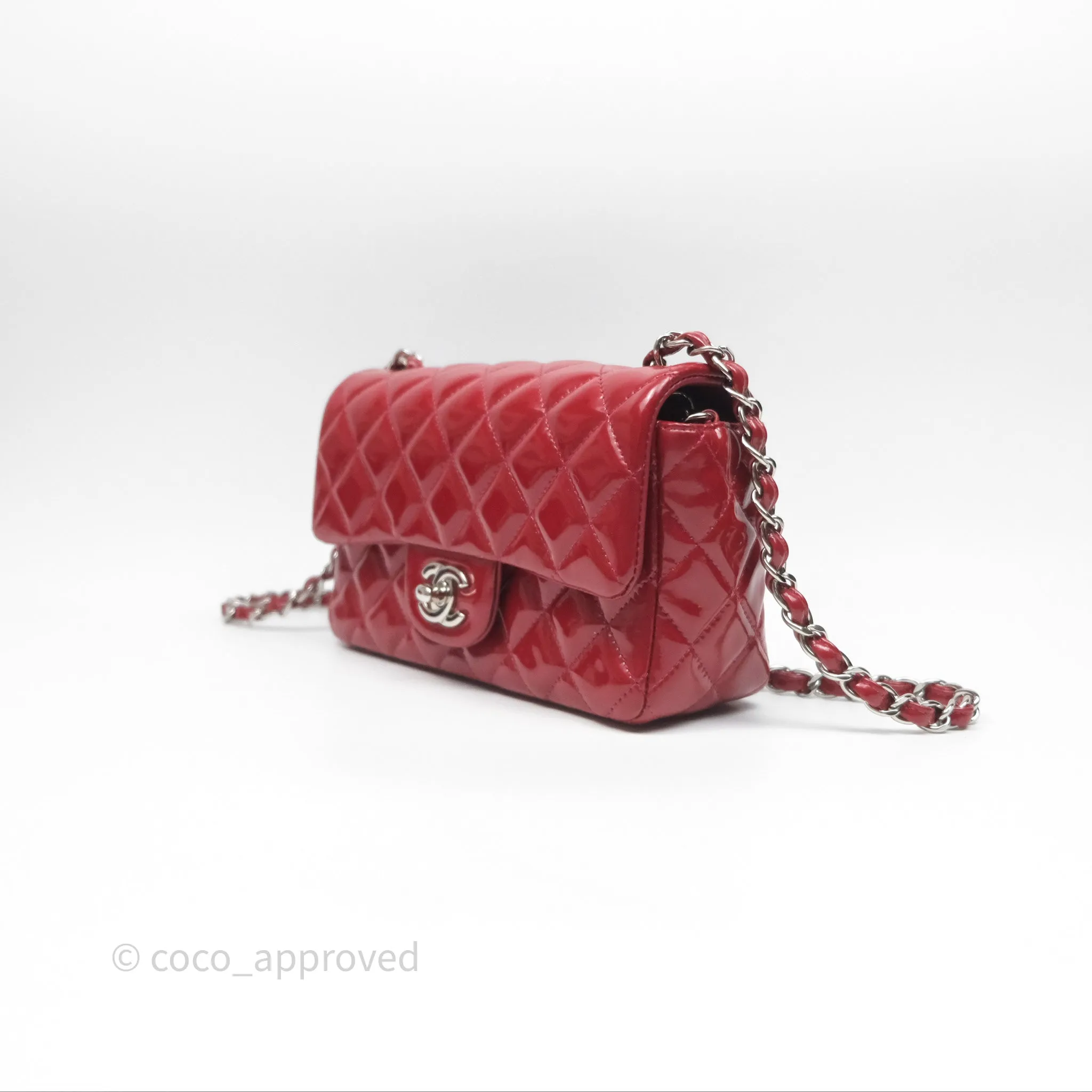 Chanel Quilted Mini Rectangular Flap Red Patent Silver Hardware