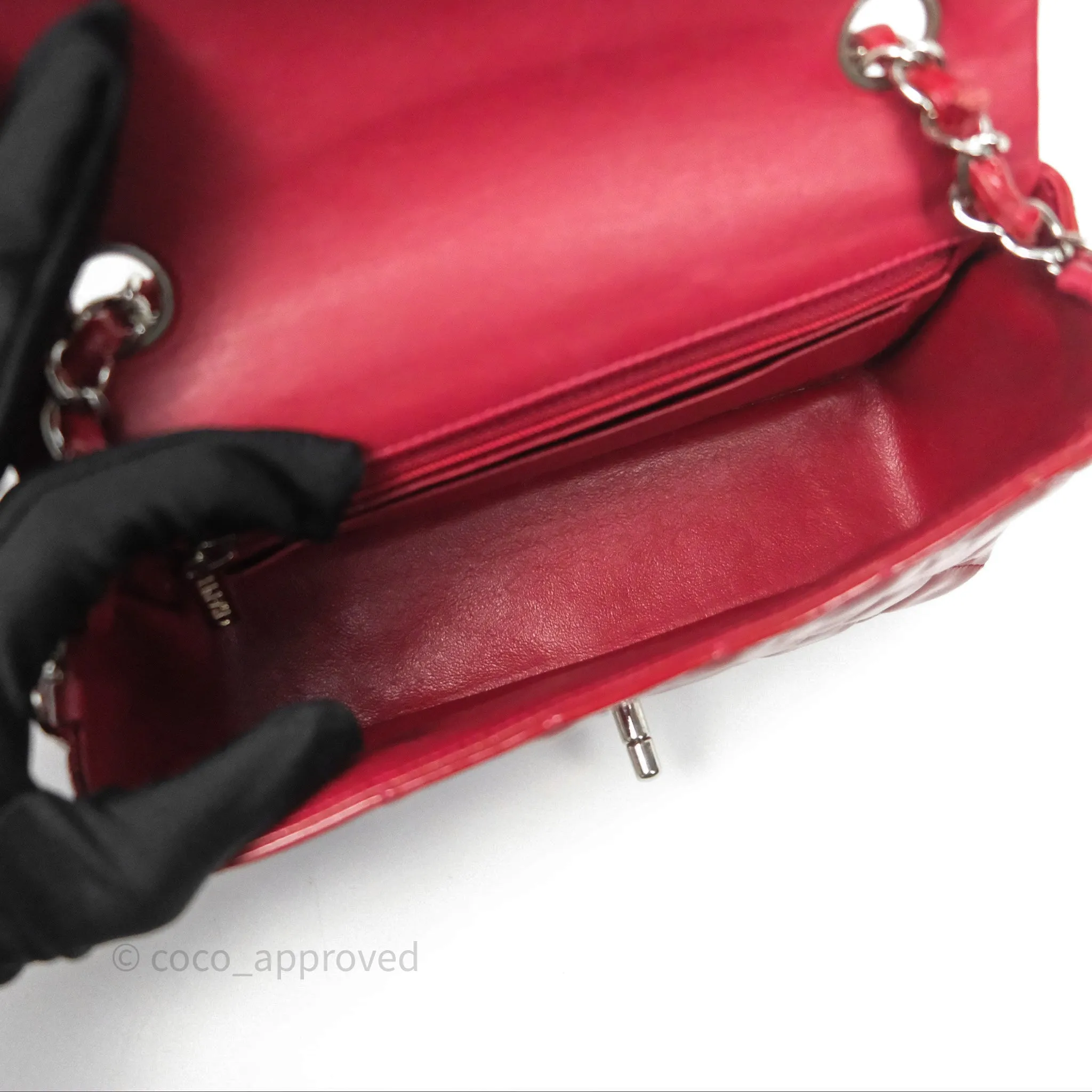 Chanel Quilted Mini Rectangular Flap Red Patent Silver Hardware