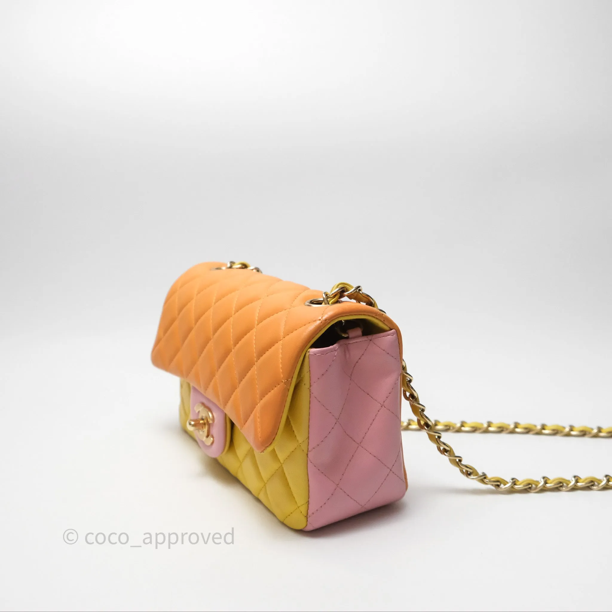 Chanel Quilted Mini Rectangular Flap Tri-Color Orange/Yellow/Pink Lambskin Gold Hardware