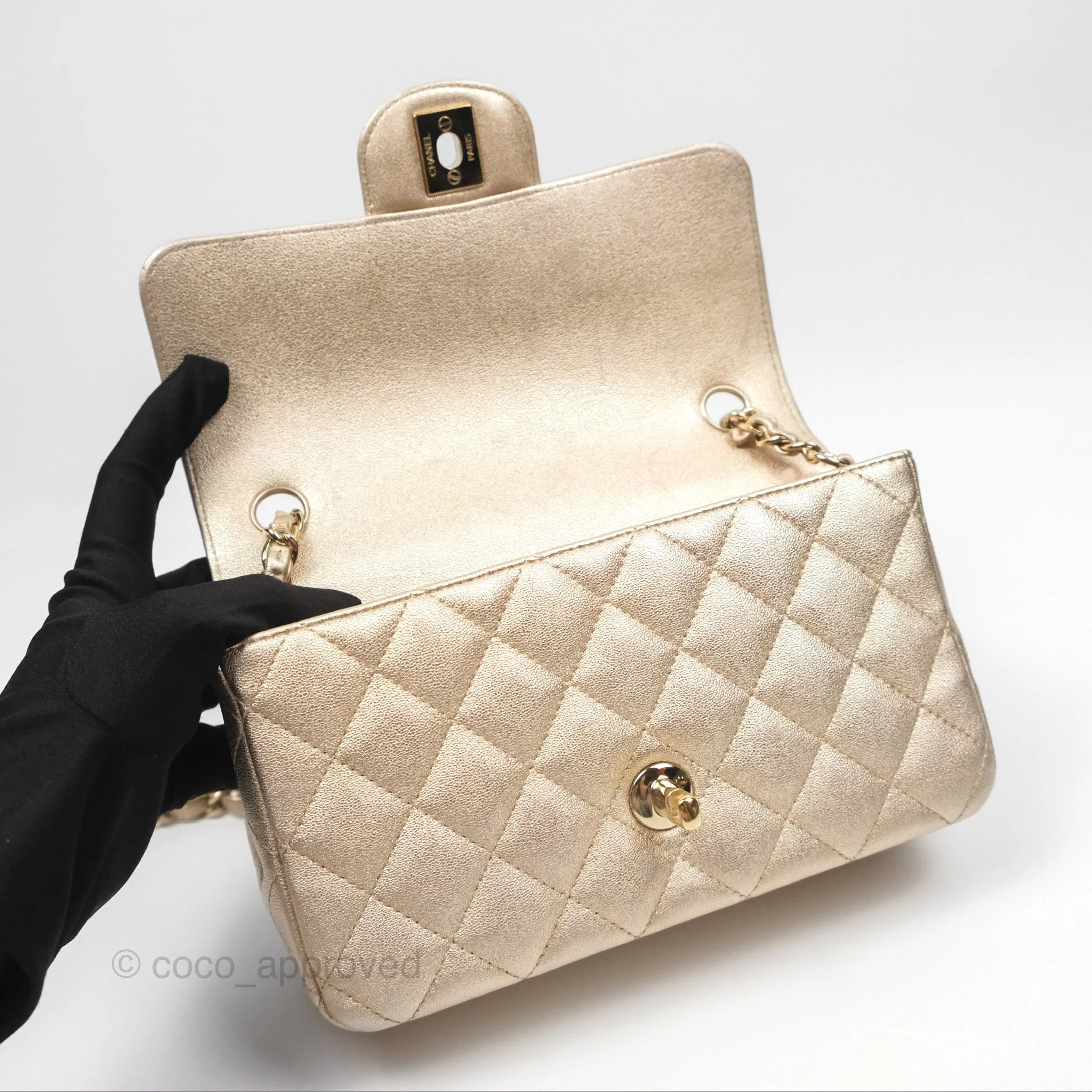 Chanel Quilted Mini Rectangular Iridescent Gold Lambskin Gold Hardware