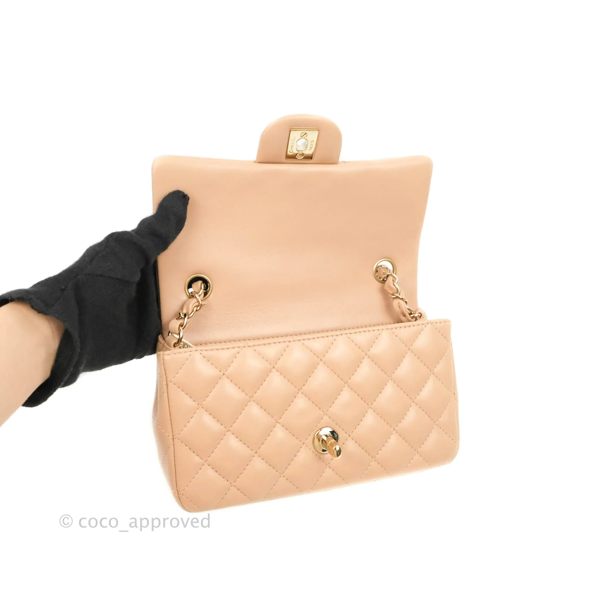 Chanel Quilted Mini Rectangular Lambskin Beige Gold Hardware 21A