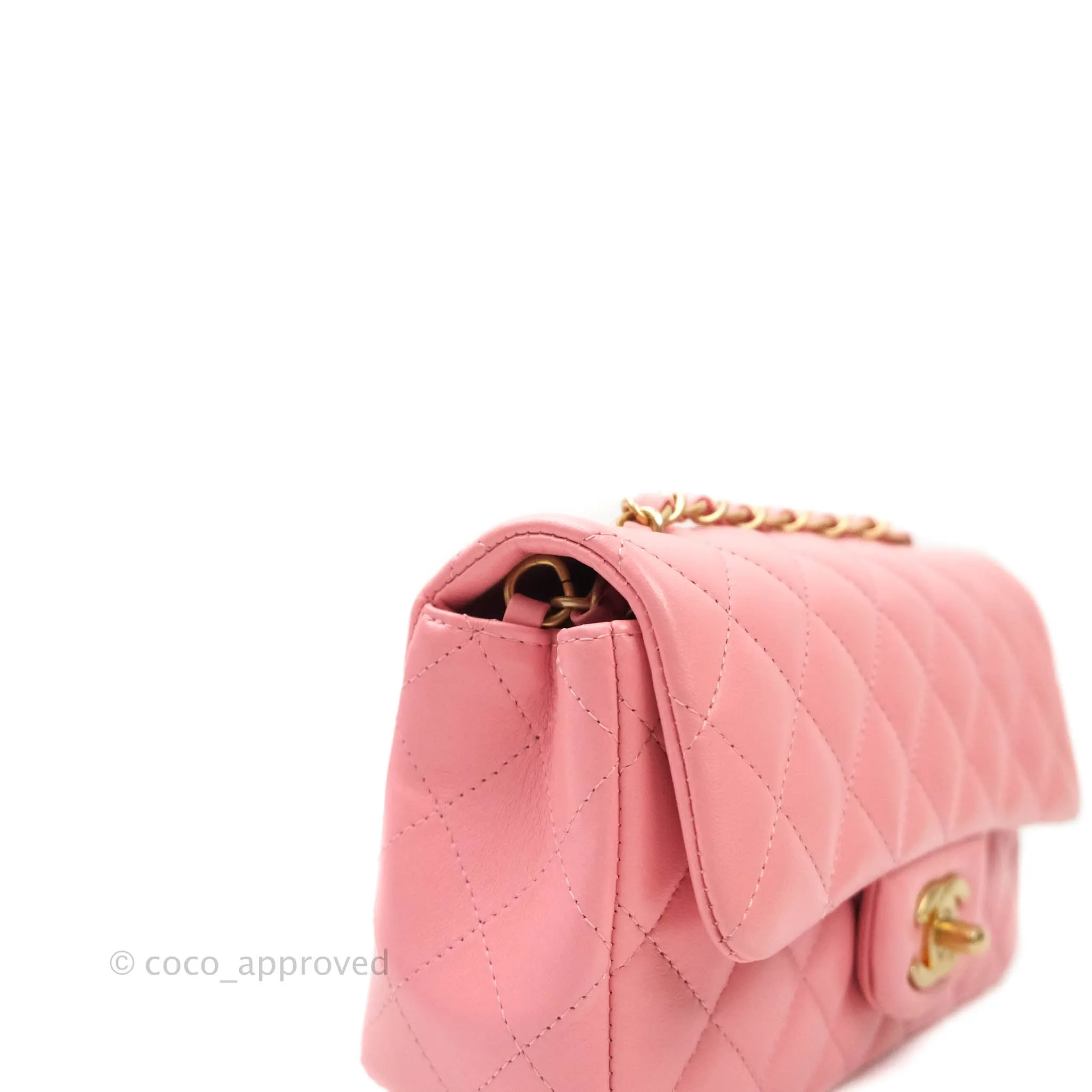 Chanel Quilted Mini Rectangular Pink Lambskin Aged Gold Hardware