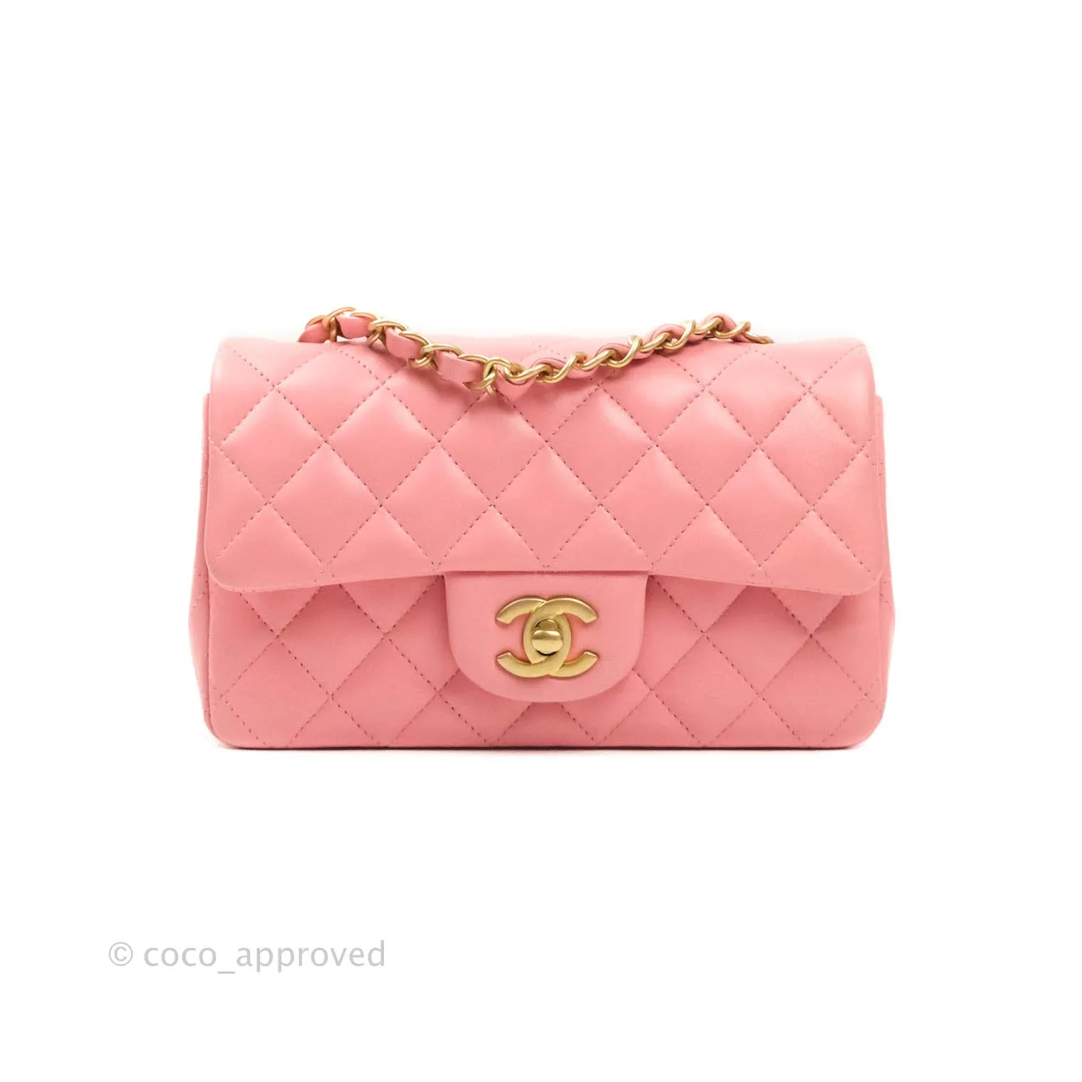 Chanel Quilted Mini Rectangular Pink Lambskin Aged Gold Hardware