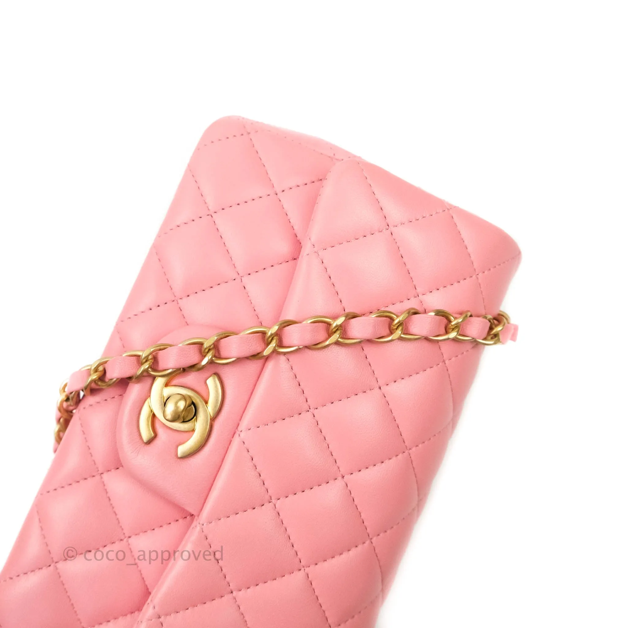 Chanel Quilted Mini Rectangular Pink Lambskin Aged Gold Hardware