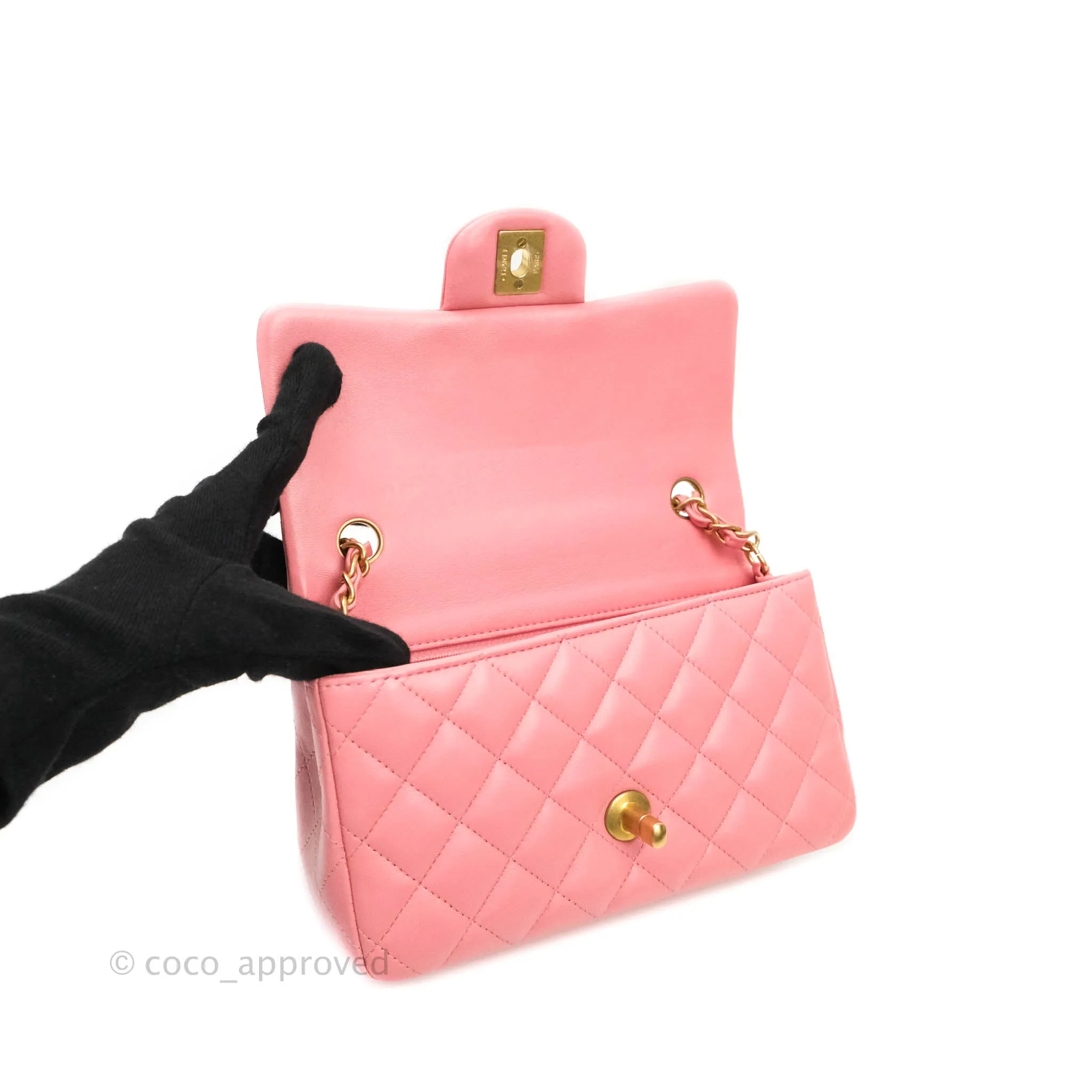 Chanel Quilted Mini Rectangular Pink Lambskin Aged Gold Hardware