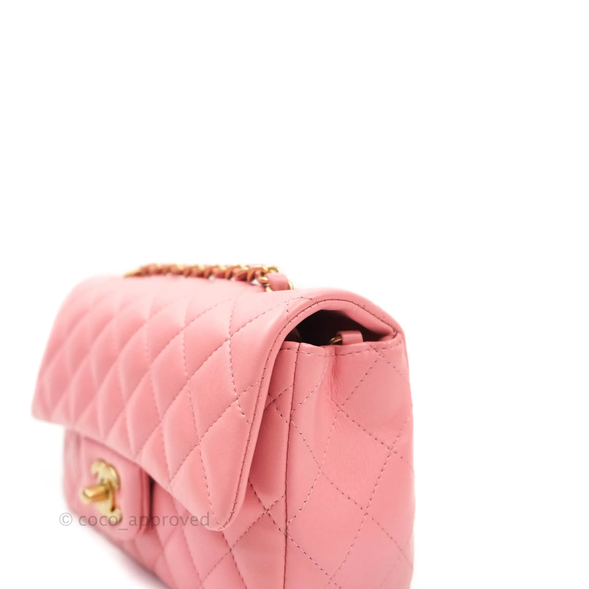 Chanel Quilted Mini Rectangular Pink Lambskin Aged Gold Hardware