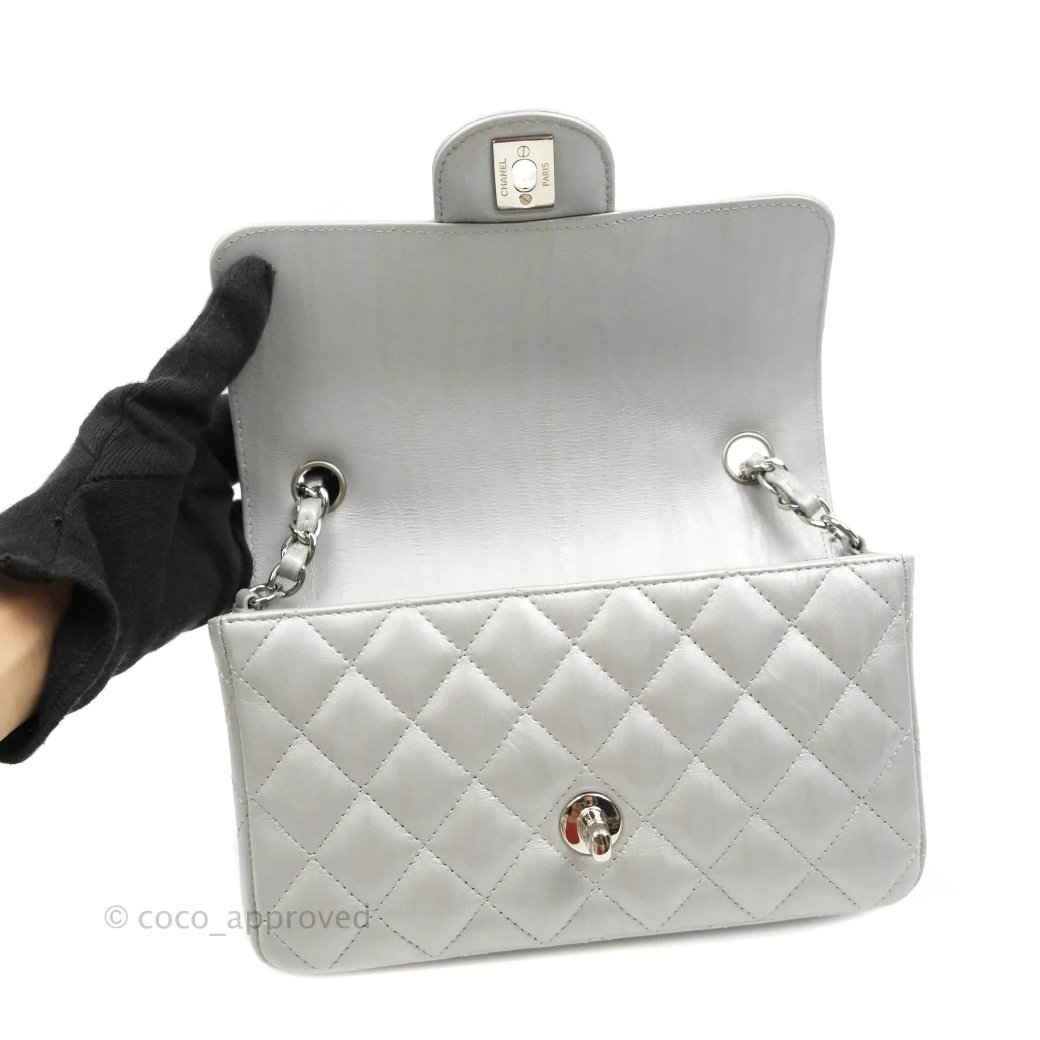 Chanel Quilted Mini Rectangular Silver Crumpled Calfskin Silver Hardware