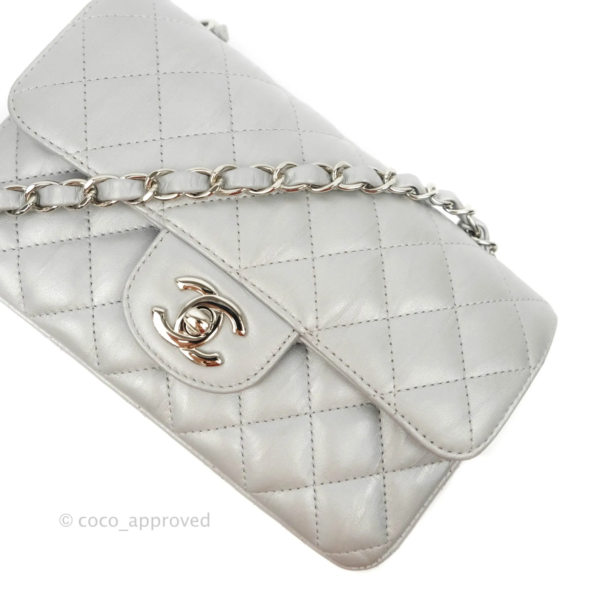 Chanel Quilted Mini Rectangular Silver Crumpled Calfskin Silver Hardware