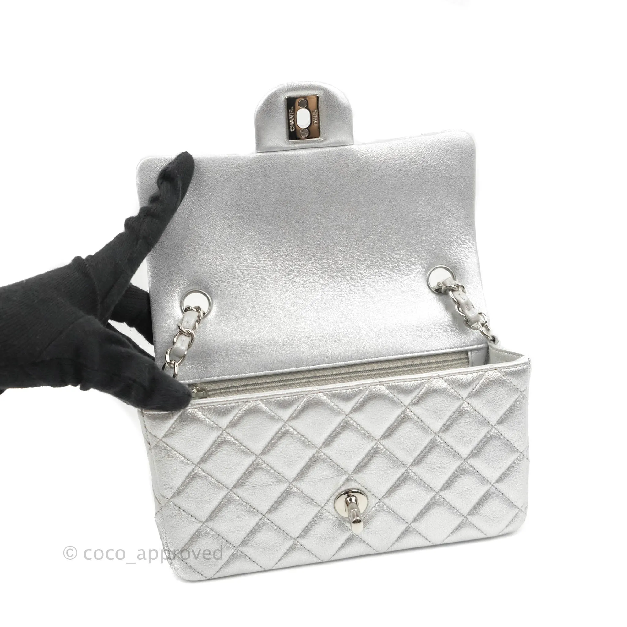 Chanel Quilted Mini Rectangular Silver Lambskin Silver Hardware