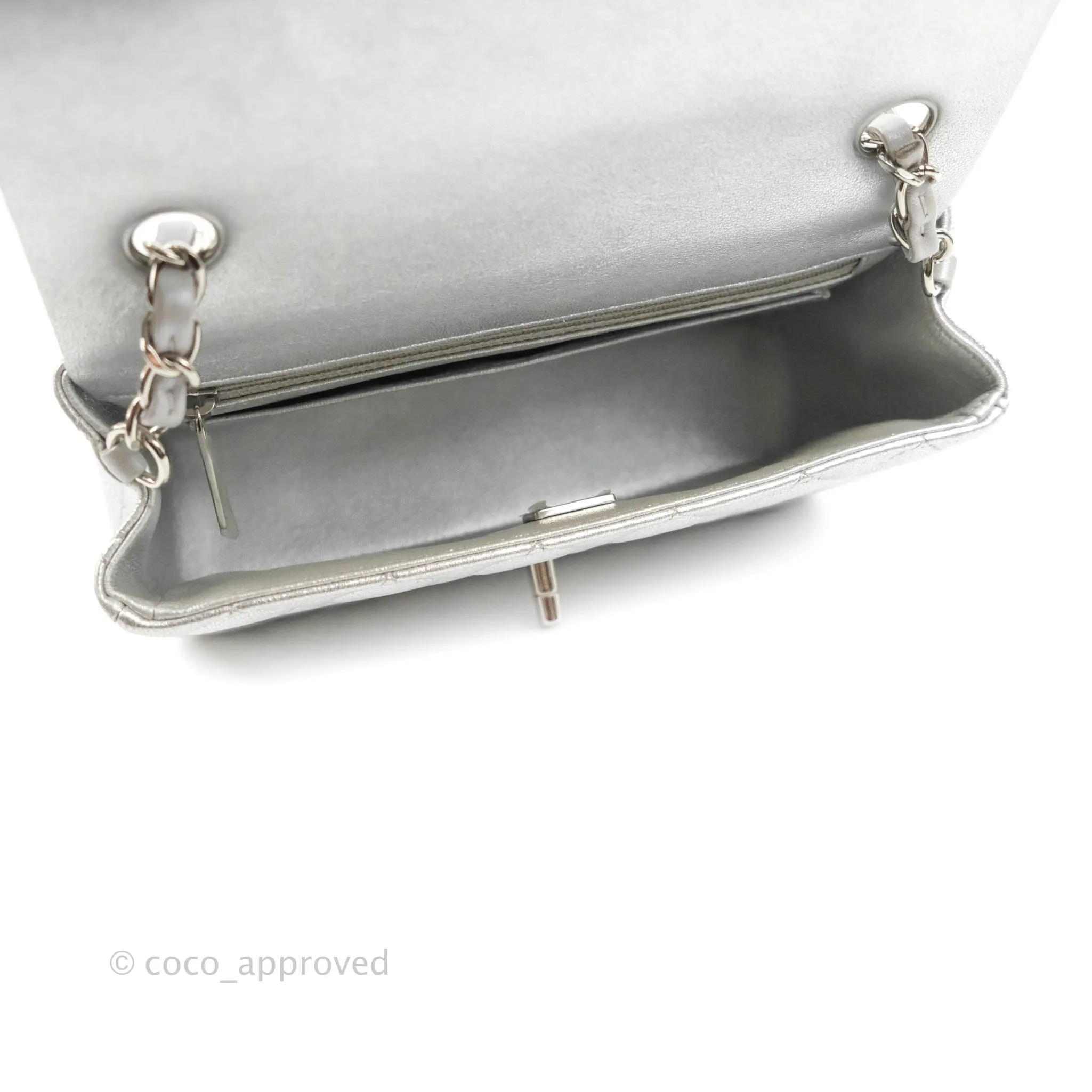 Chanel Quilted Mini Rectangular Silver Lambskin Silver Hardware