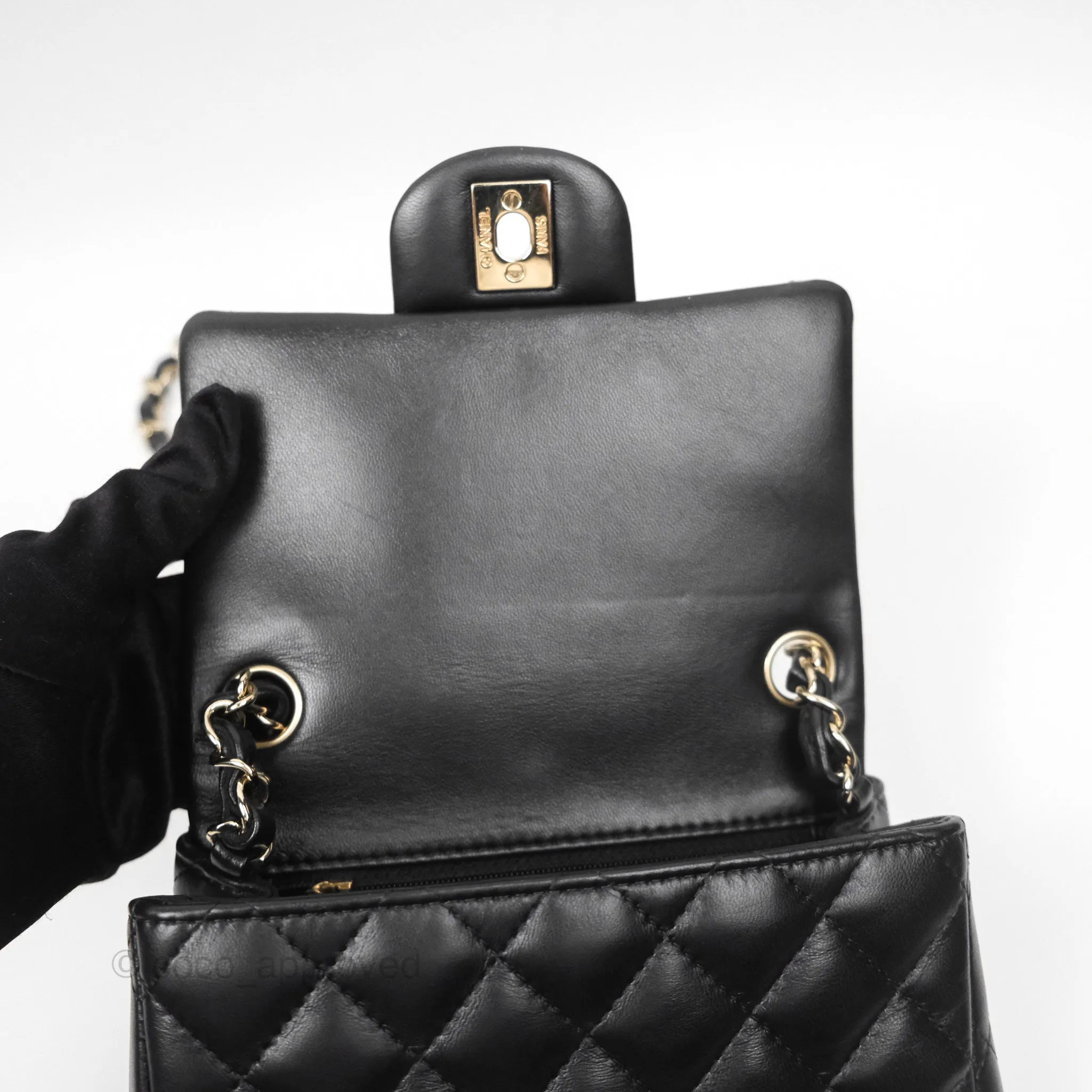 Chanel Quilted Mini Square Flap Black Lambskin Gold Hardware