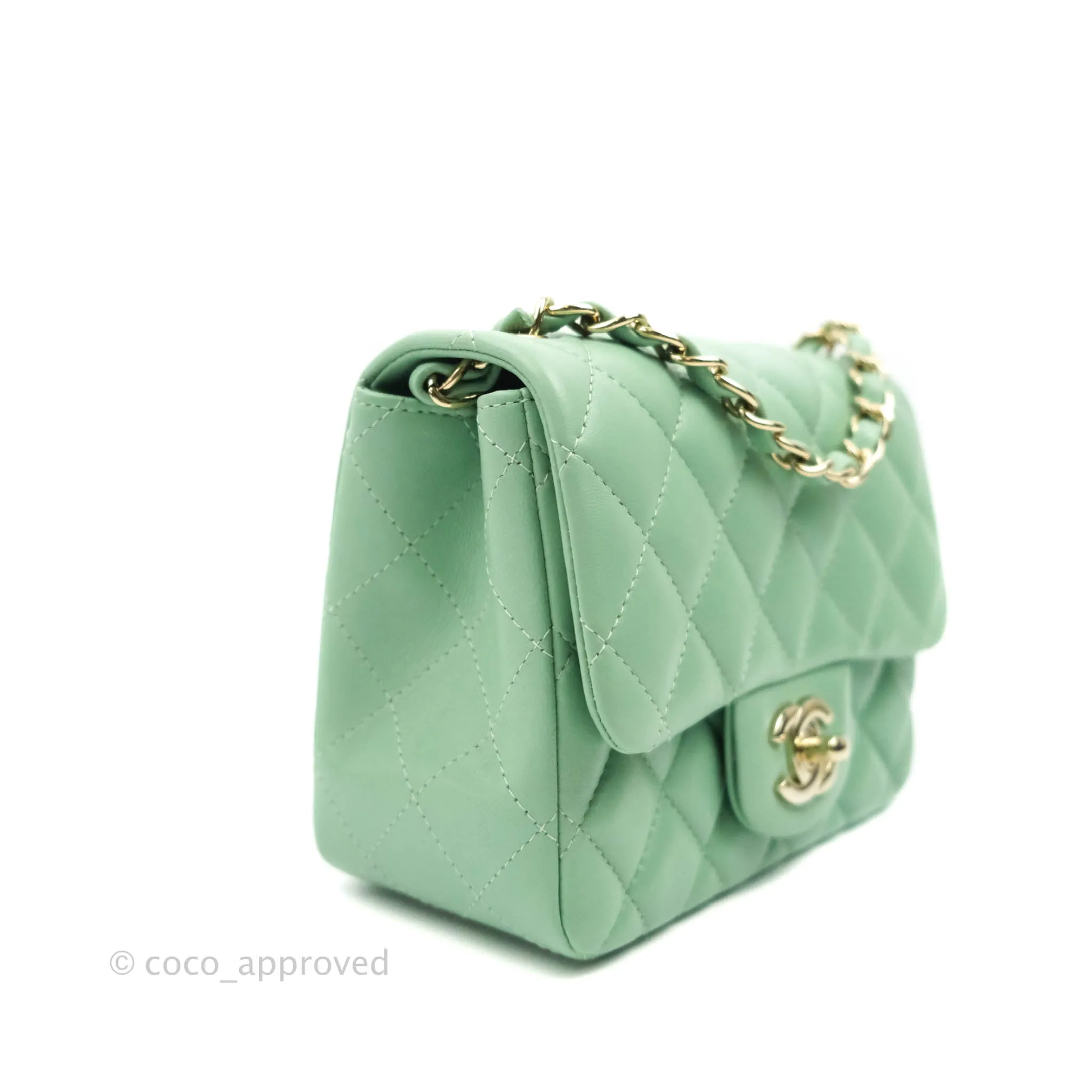 Chanel Quilted Mini Square Green Lambskin Gold Hardware