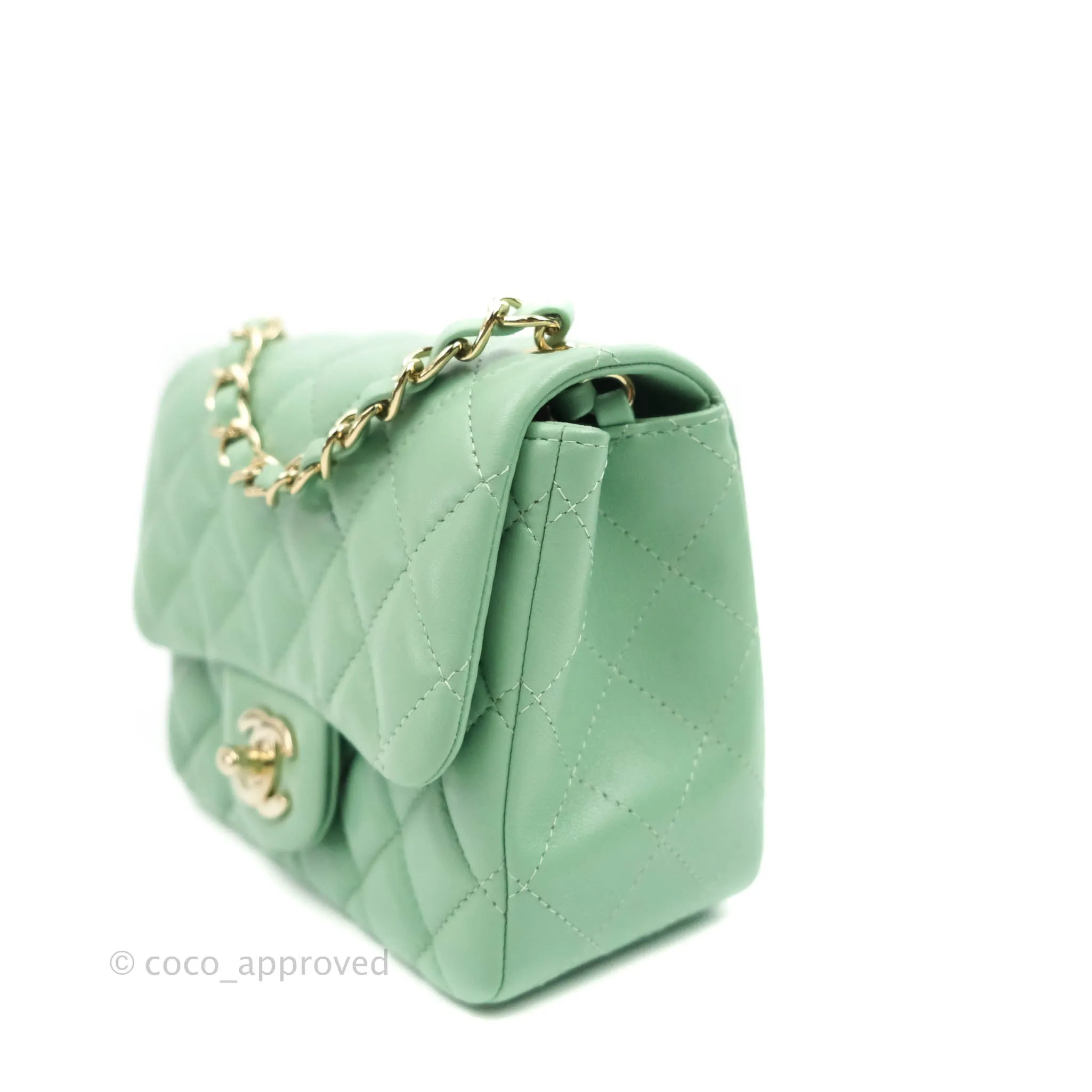 Chanel Quilted Mini Square Green Lambskin Gold Hardware