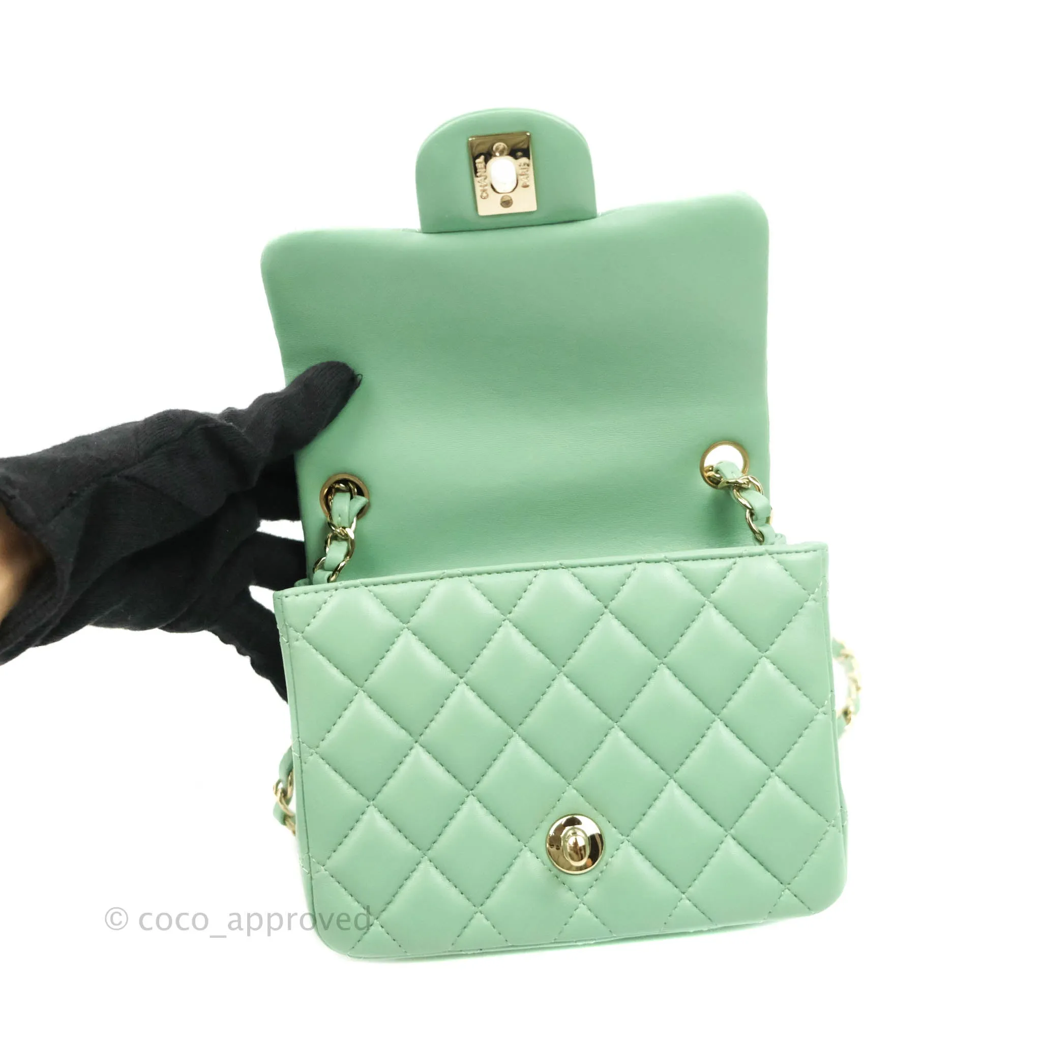 Chanel Quilted Mini Square Green Lambskin Gold Hardware