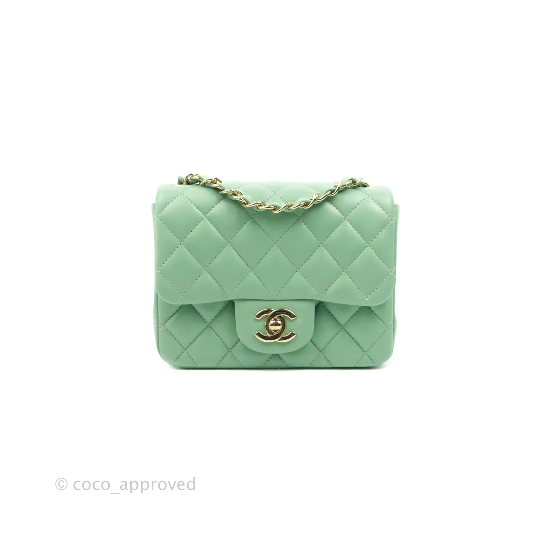 Chanel Quilted Mini Square Green Lambskin Gold Hardware