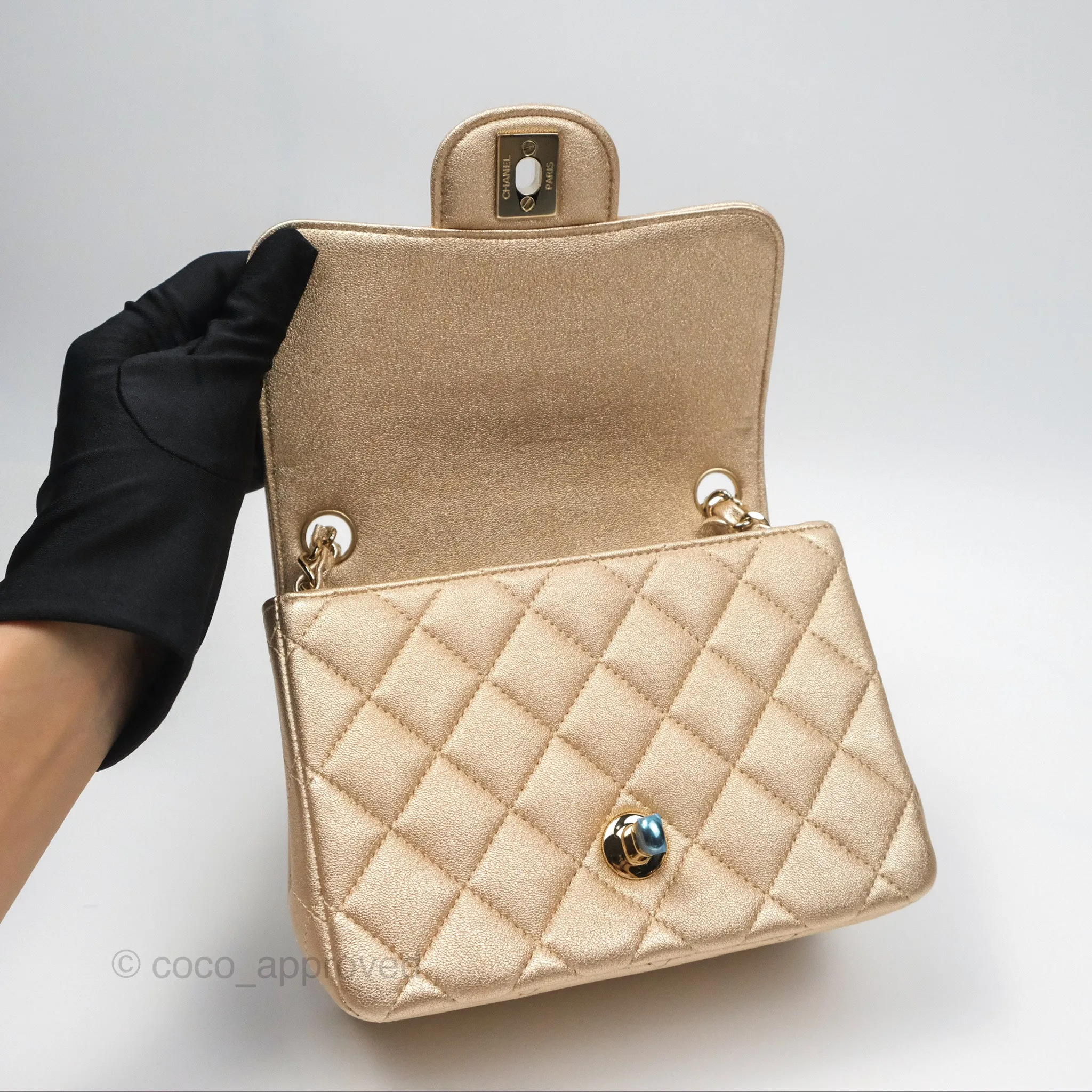 Chanel Quilted Mini Square Iridescent Gold Lambskin Gold Hardware 21P