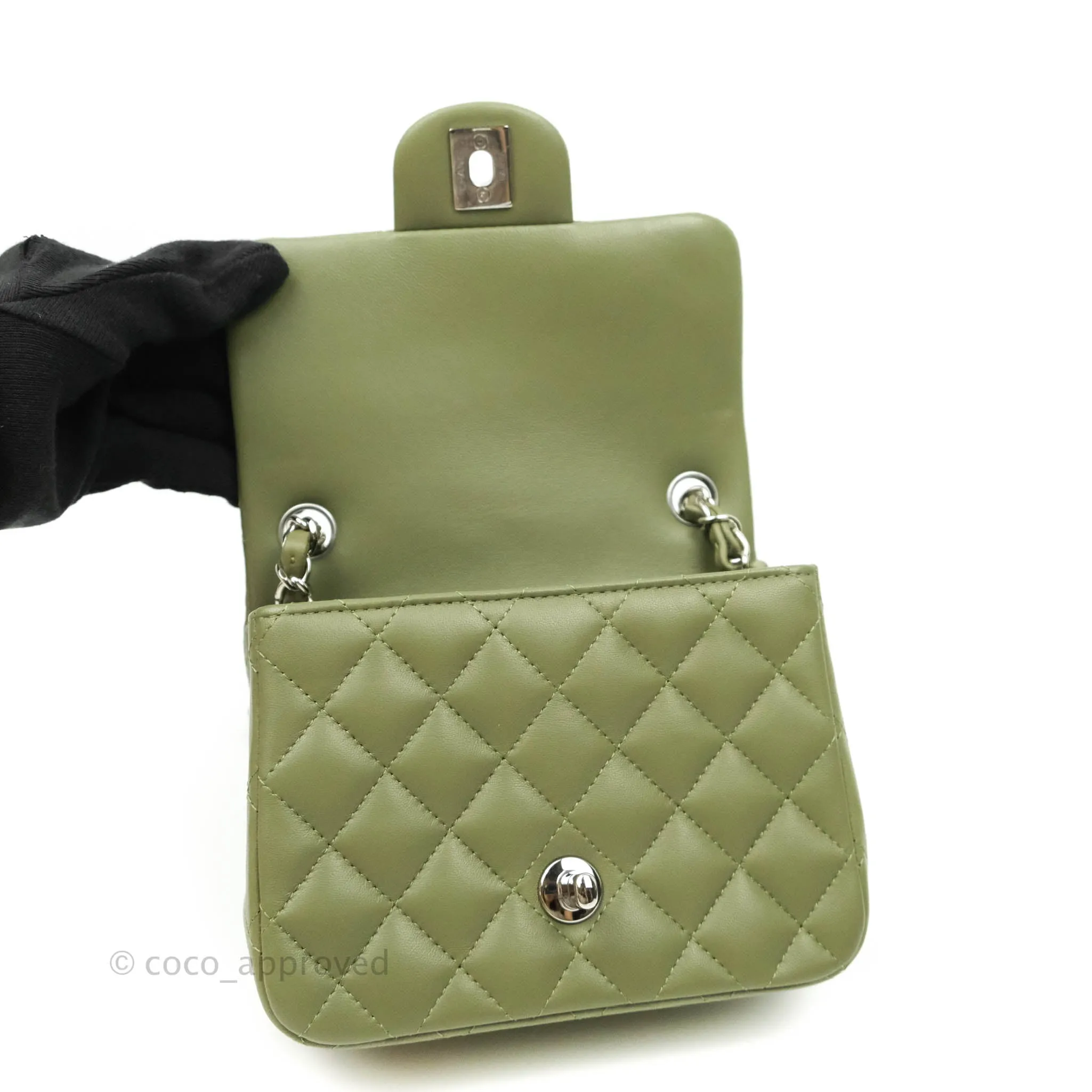 Chanel Quilted Mini Square Olive Green Lambskin Silver Hardware 21B