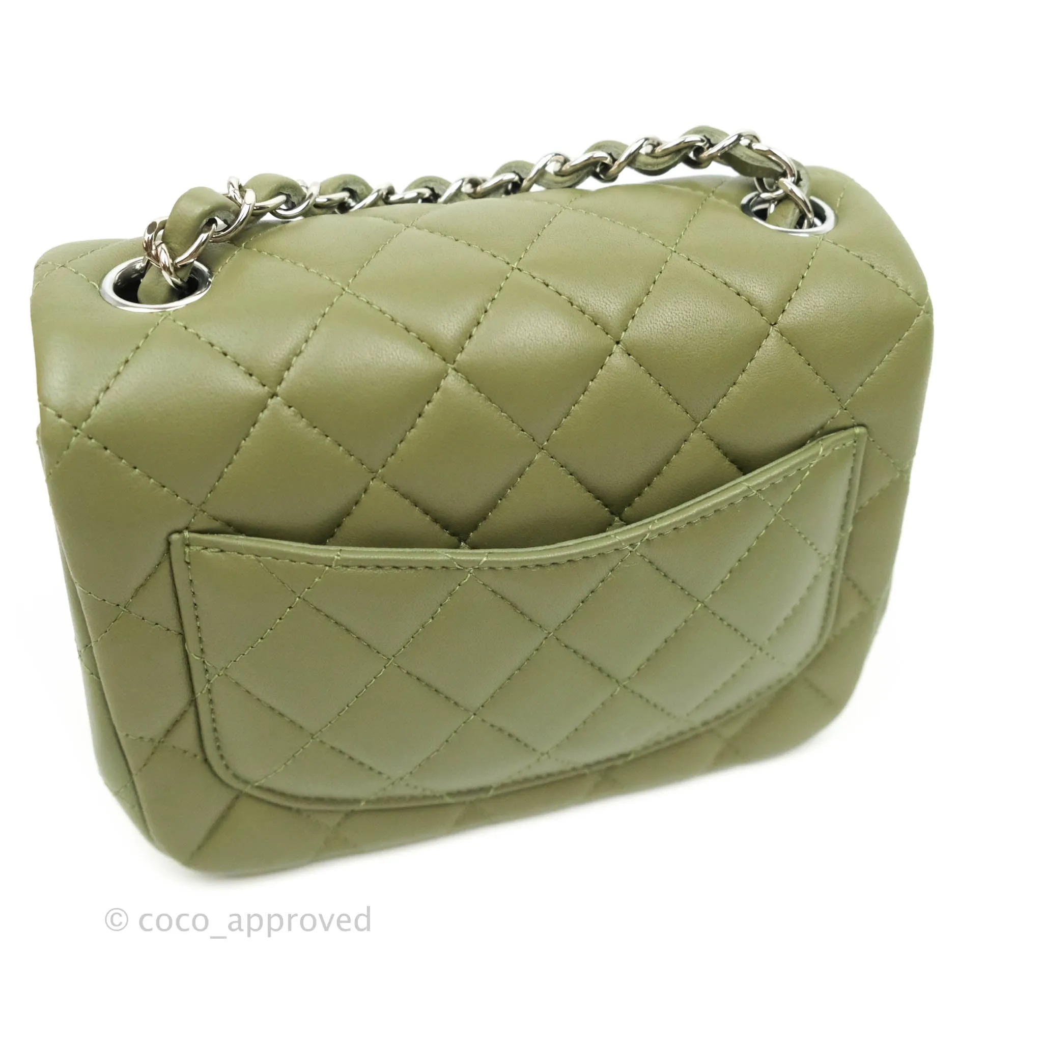 Chanel Quilted Mini Square Olive Green Lambskin Silver Hardware 21B