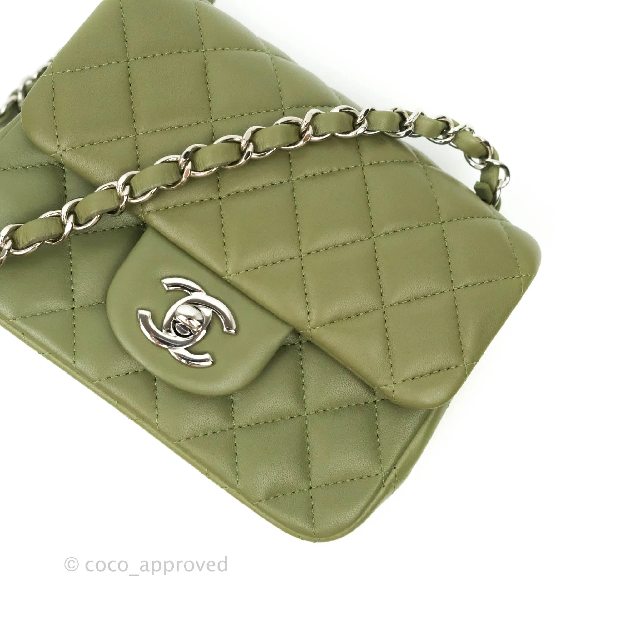 Chanel Quilted Mini Square Olive Green Lambskin Silver Hardware 21B