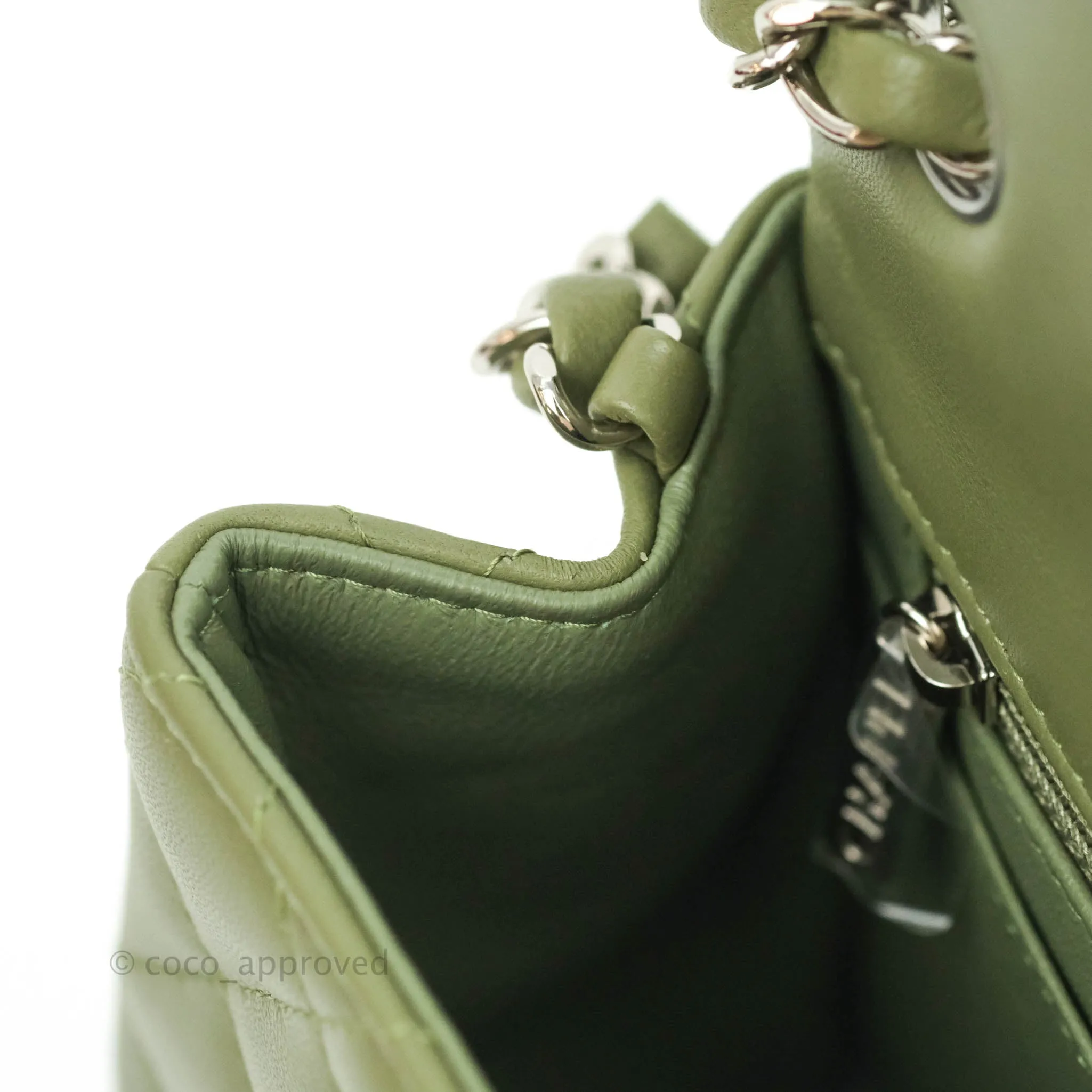 Chanel Quilted Mini Square Olive Green Lambskin Silver Hardware 21B