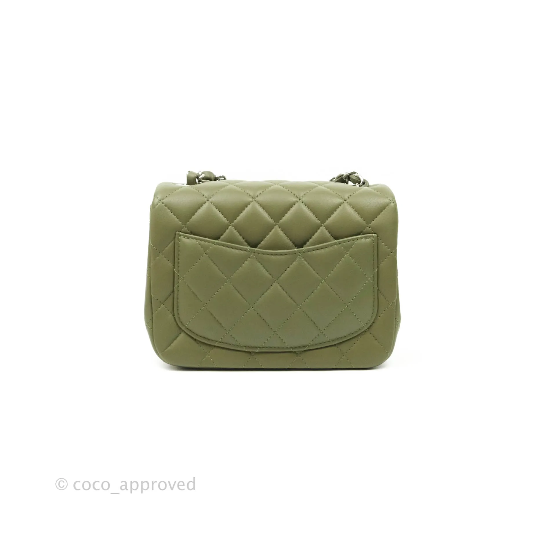 Chanel Quilted Mini Square Olive Green Lambskin Silver Hardware 21B