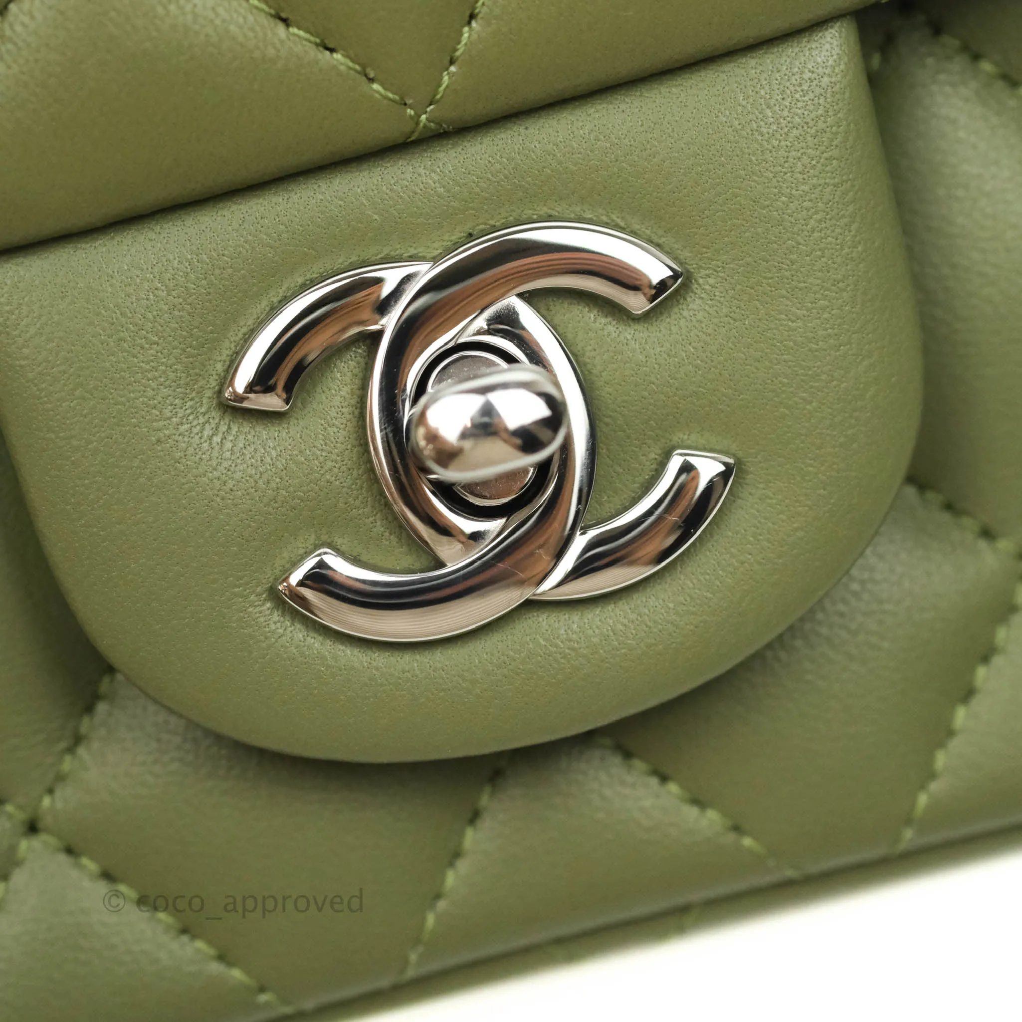 Chanel Quilted Mini Square Olive Green Lambskin Silver Hardware 21B
