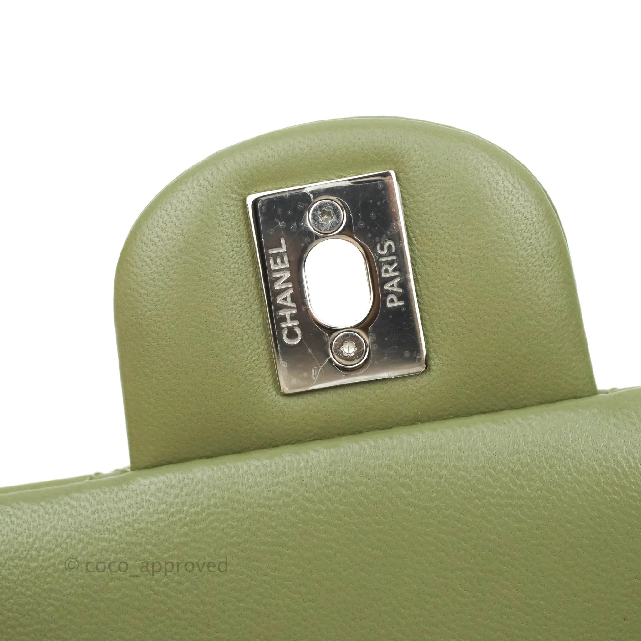 Chanel Quilted Mini Square Olive Green Lambskin Silver Hardware 21B
