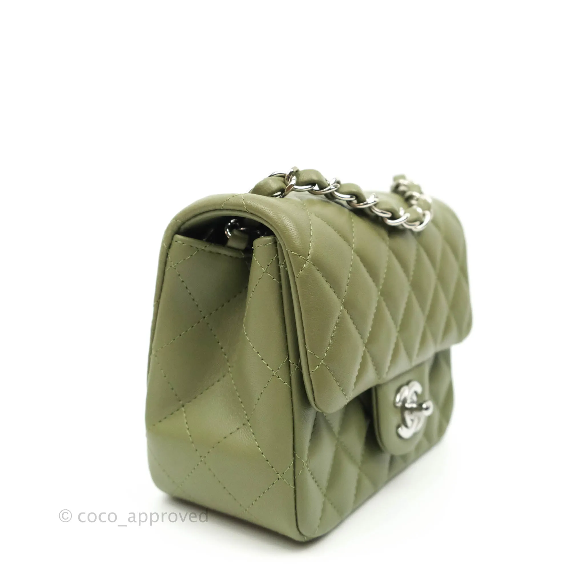 Chanel Quilted Mini Square Olive Green Lambskin Silver Hardware 21B