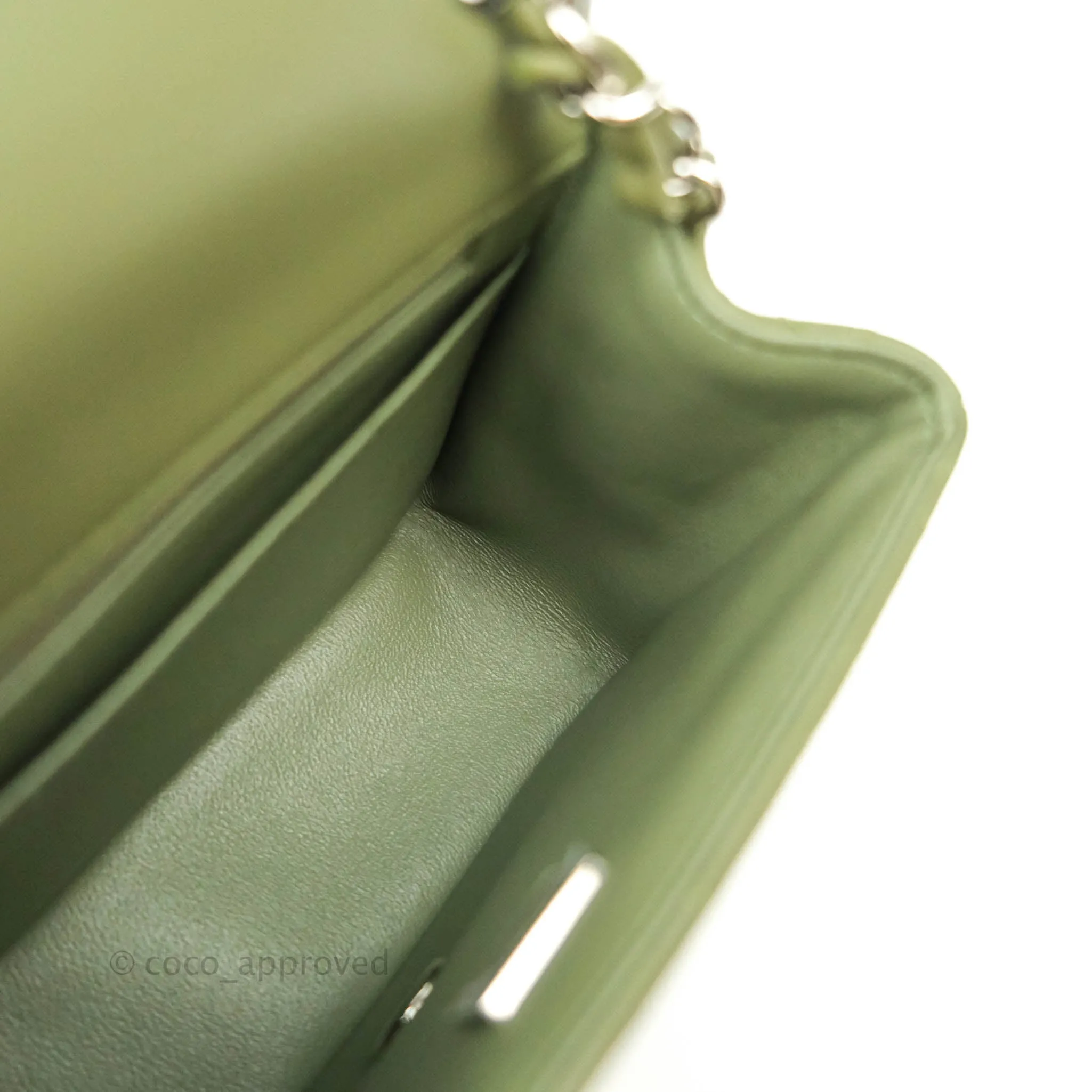 Chanel Quilted Mini Square Olive Green Lambskin Silver Hardware 21B