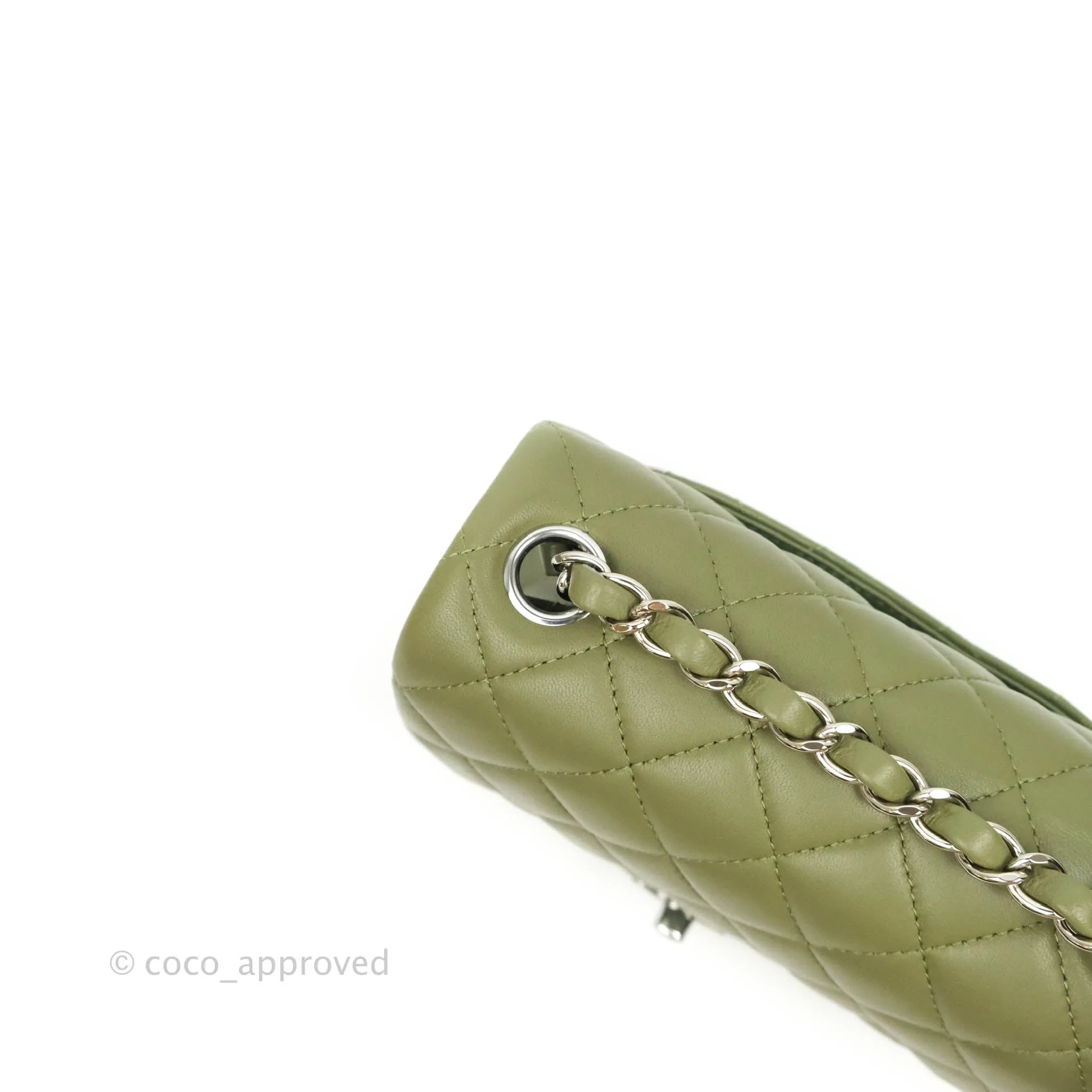 Chanel Quilted Mini Square Olive Green Lambskin Silver Hardware 21B