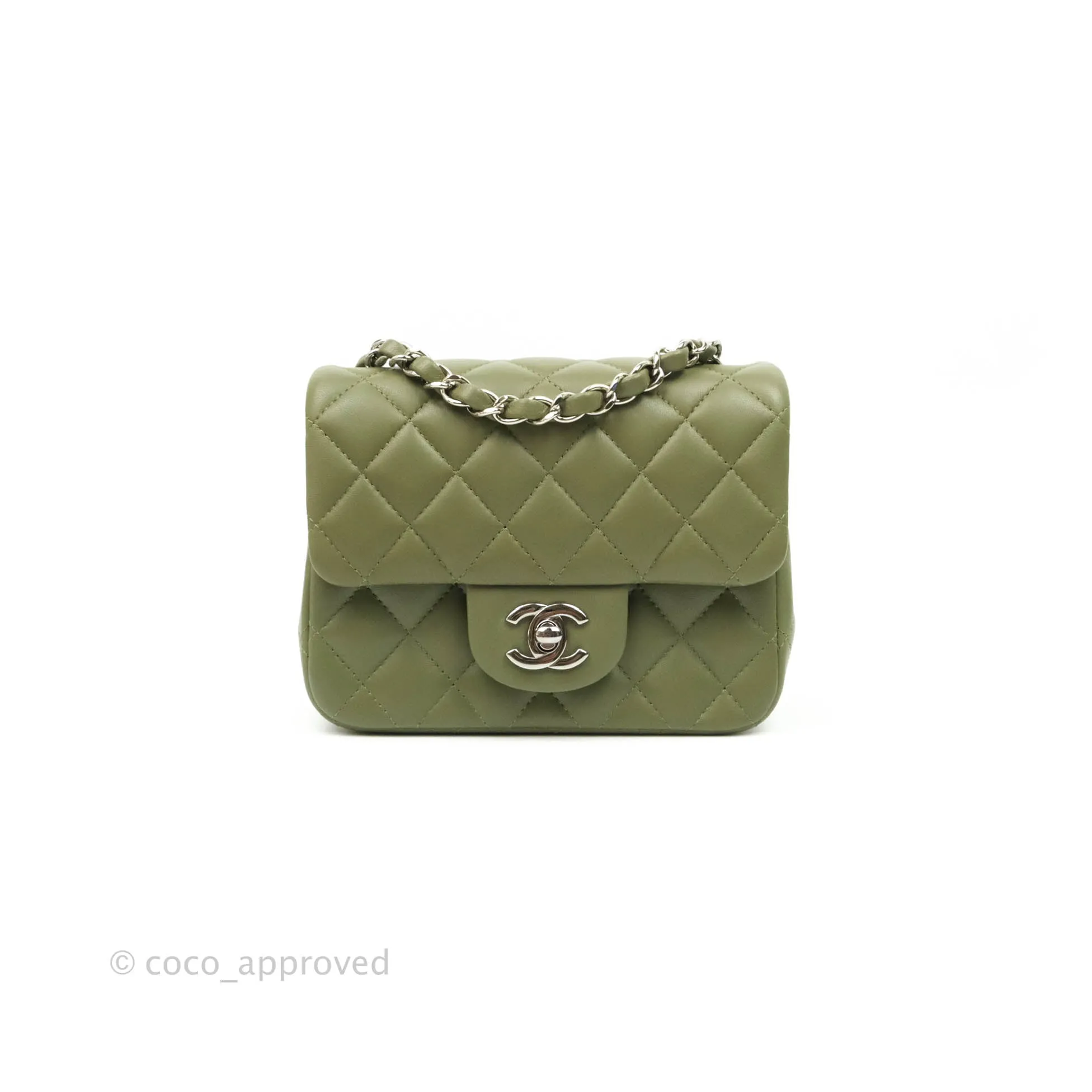 Chanel Quilted Mini Square Olive Green Lambskin Silver Hardware 21B