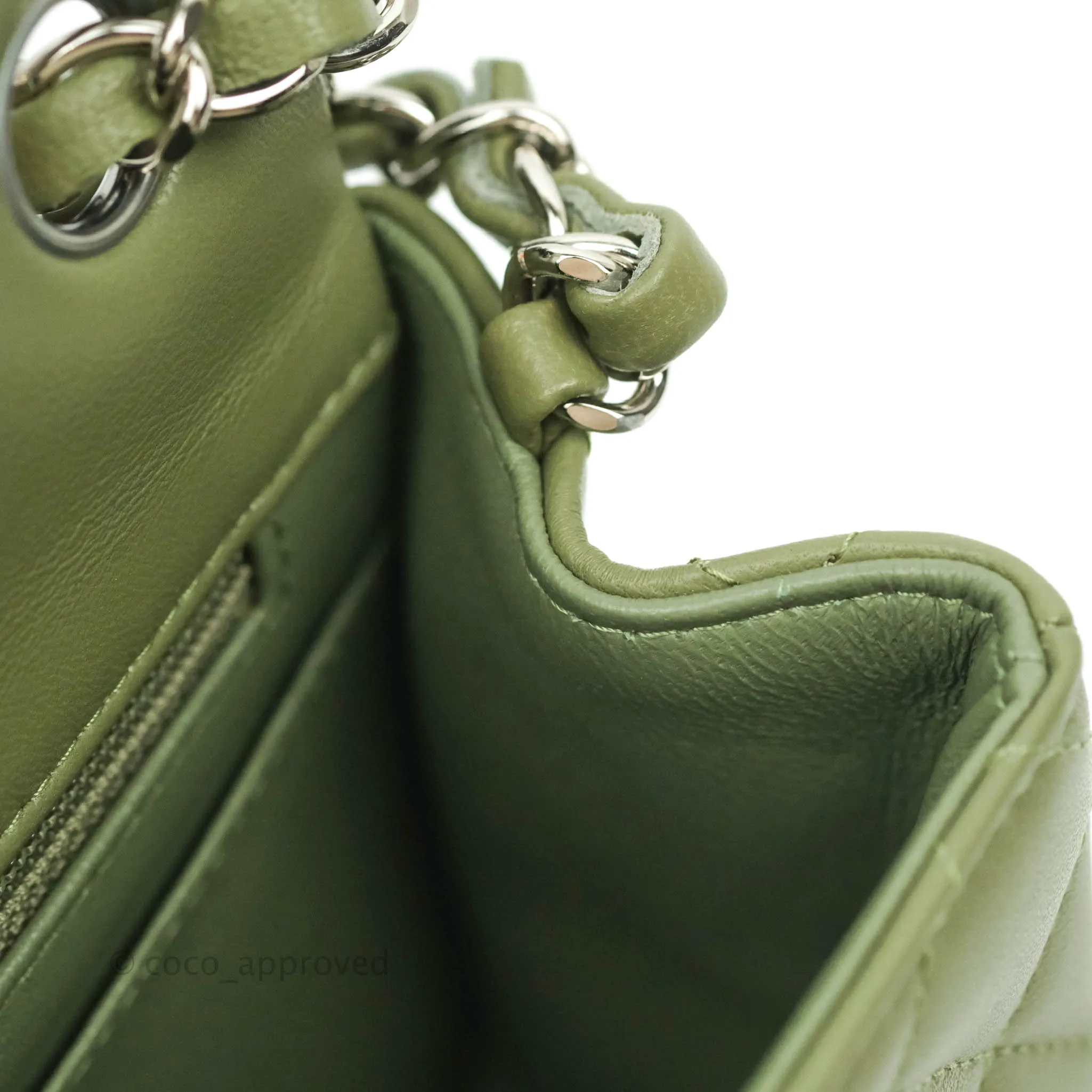 Chanel Quilted Mini Square Olive Green Lambskin Silver Hardware 21B