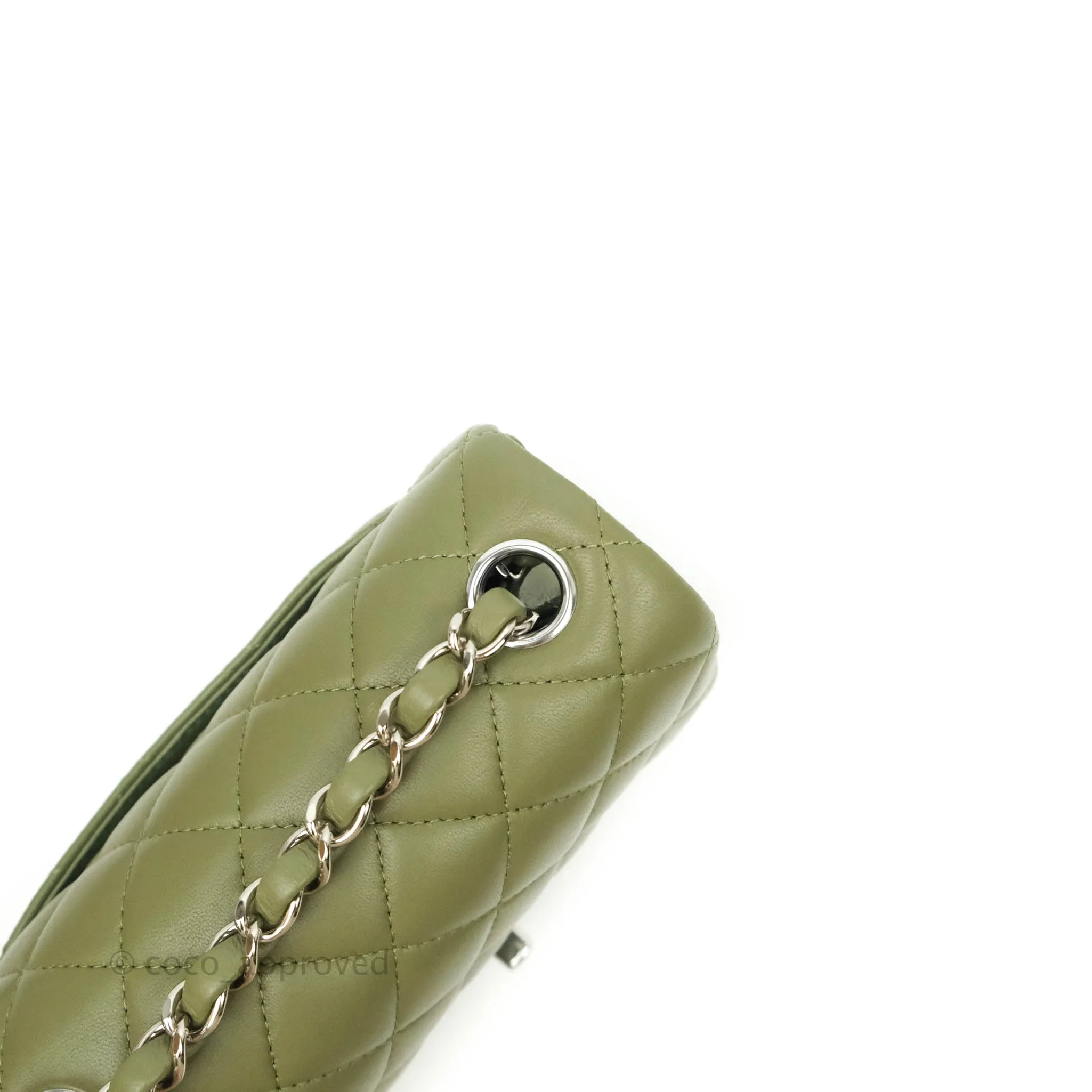 Chanel Quilted Mini Square Olive Green Lambskin Silver Hardware 21B