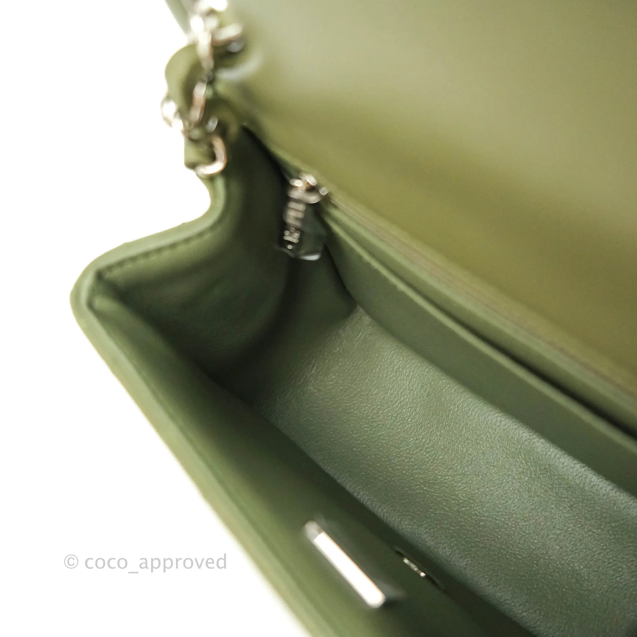 Chanel Quilted Mini Square Olive Green Lambskin Silver Hardware 21B