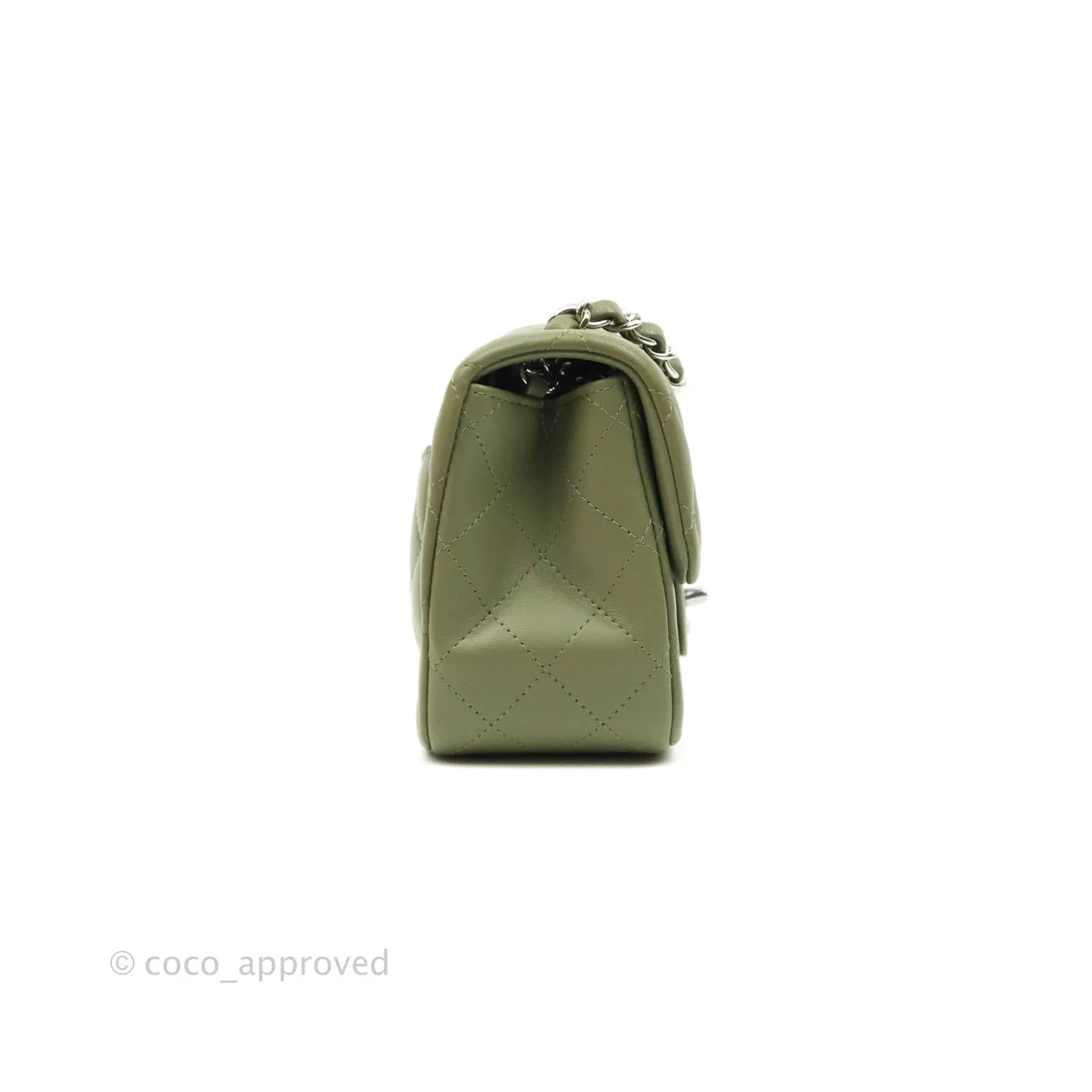 Chanel Quilted Mini Square Olive Green Lambskin Silver Hardware 21B