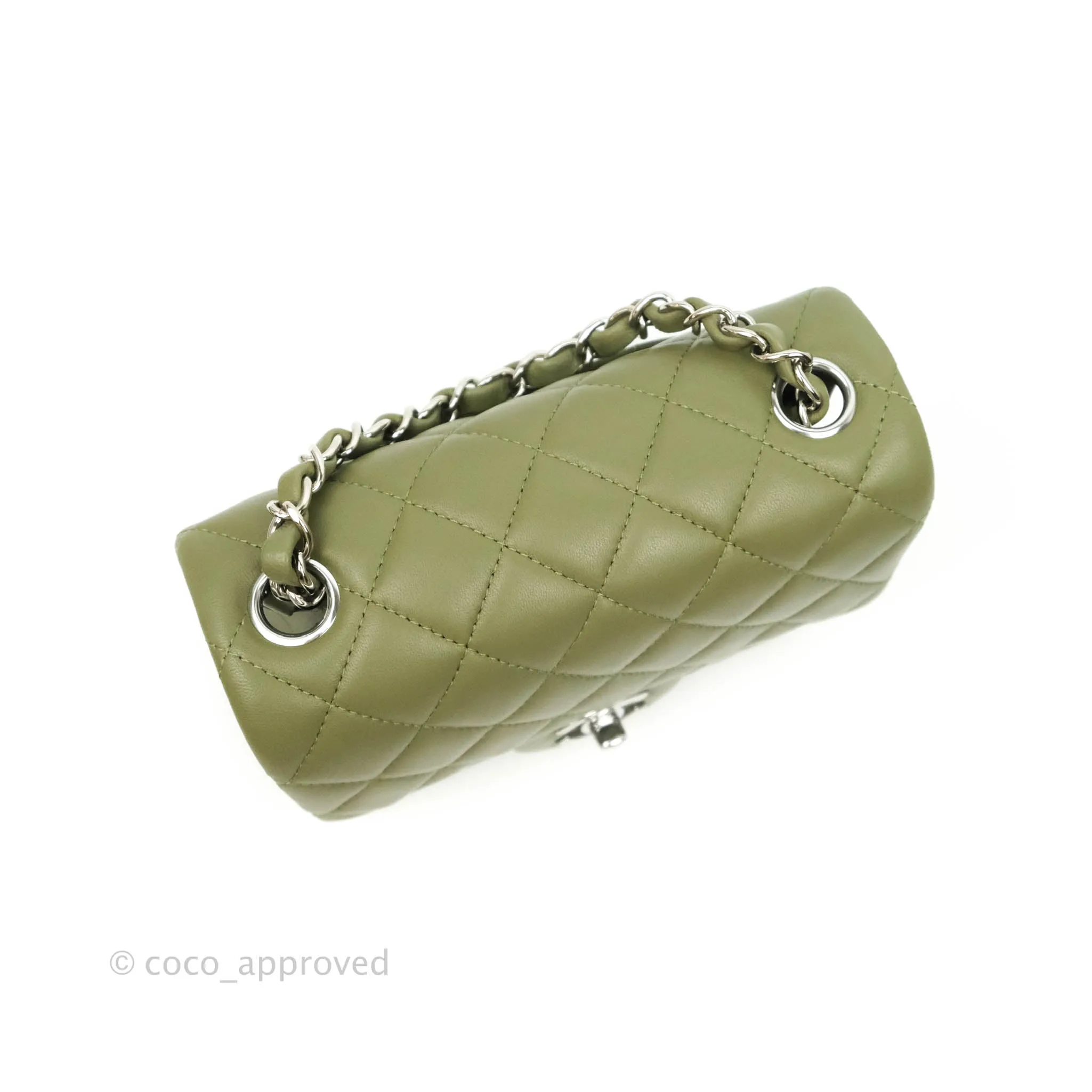 Chanel Quilted Mini Square Olive Green Lambskin Silver Hardware 21B