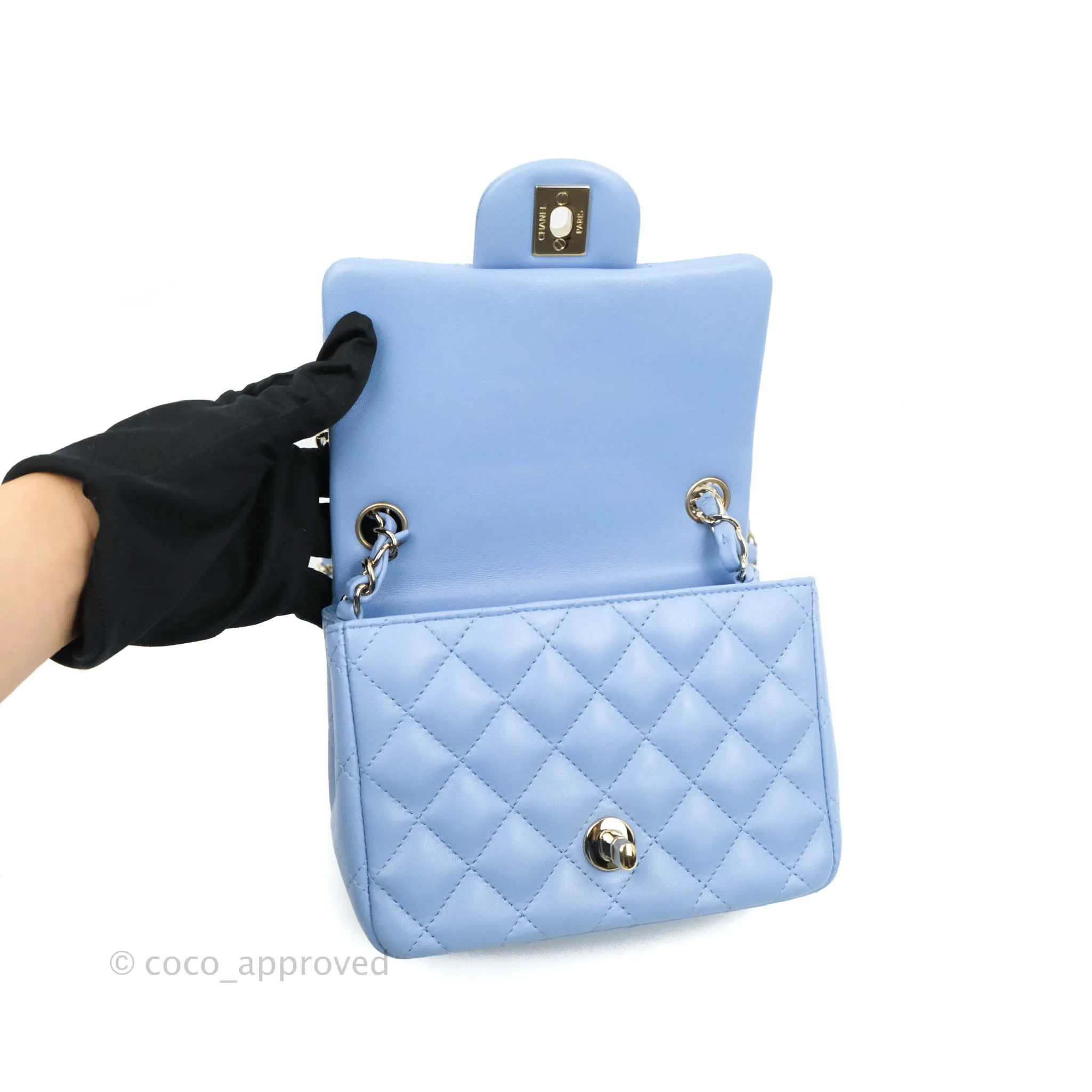 Chanel Quilted Mini Square Sky Blue Lambskin Gold Hardware 21C