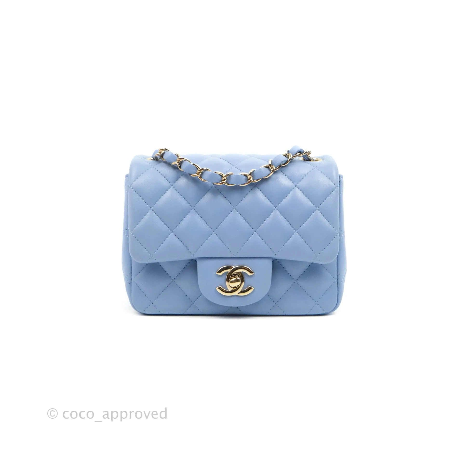 Chanel Quilted Mini Square Sky Blue Lambskin Gold Hardware 21C