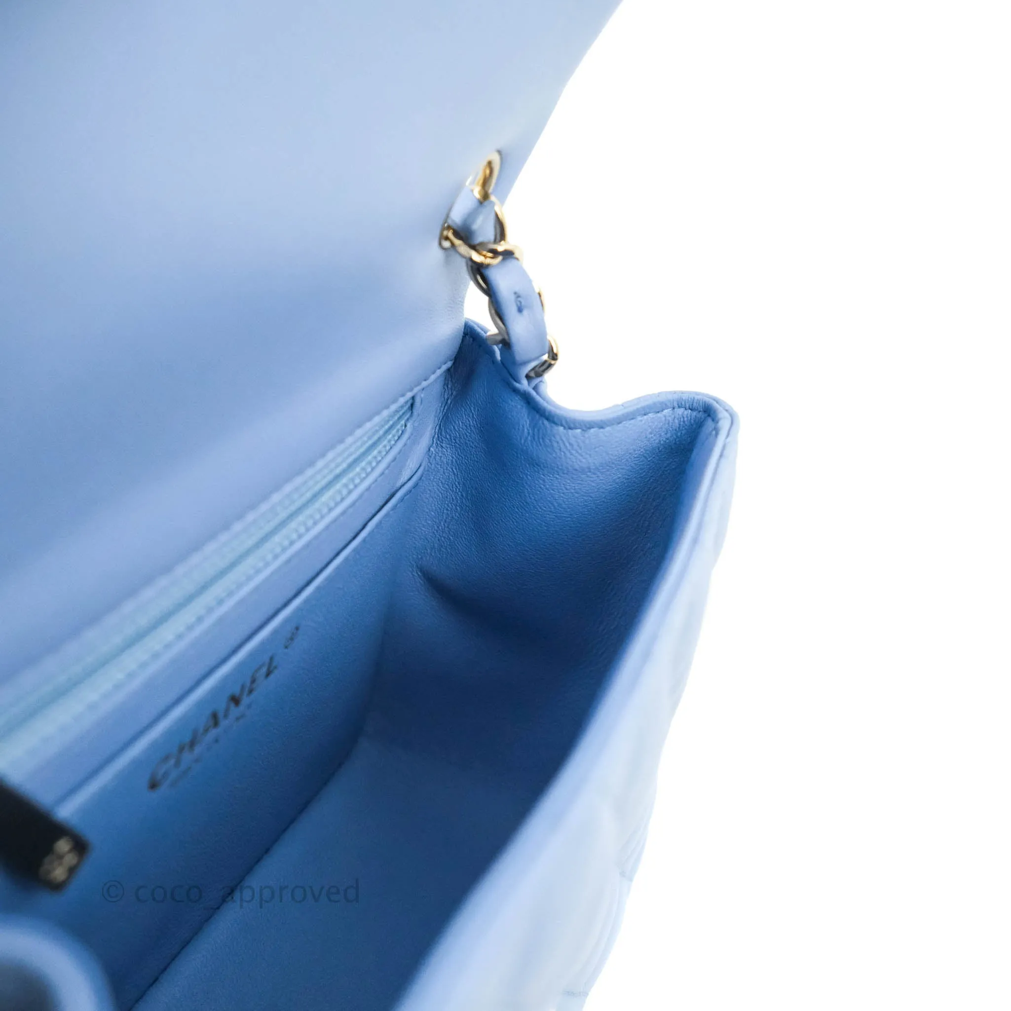 Chanel Quilted Mini Square Sky Blue Lambskin Gold Hardware 21C