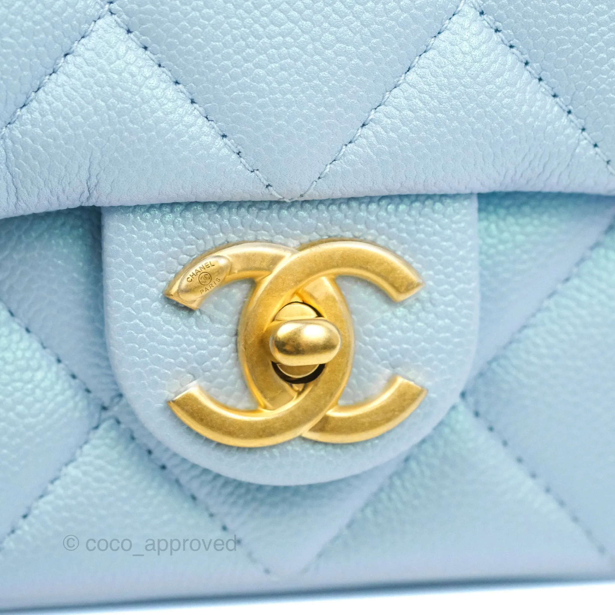 Chanel Quilted My Perfect Mini Iridescent Blue Caviar Aged Gold Hardware