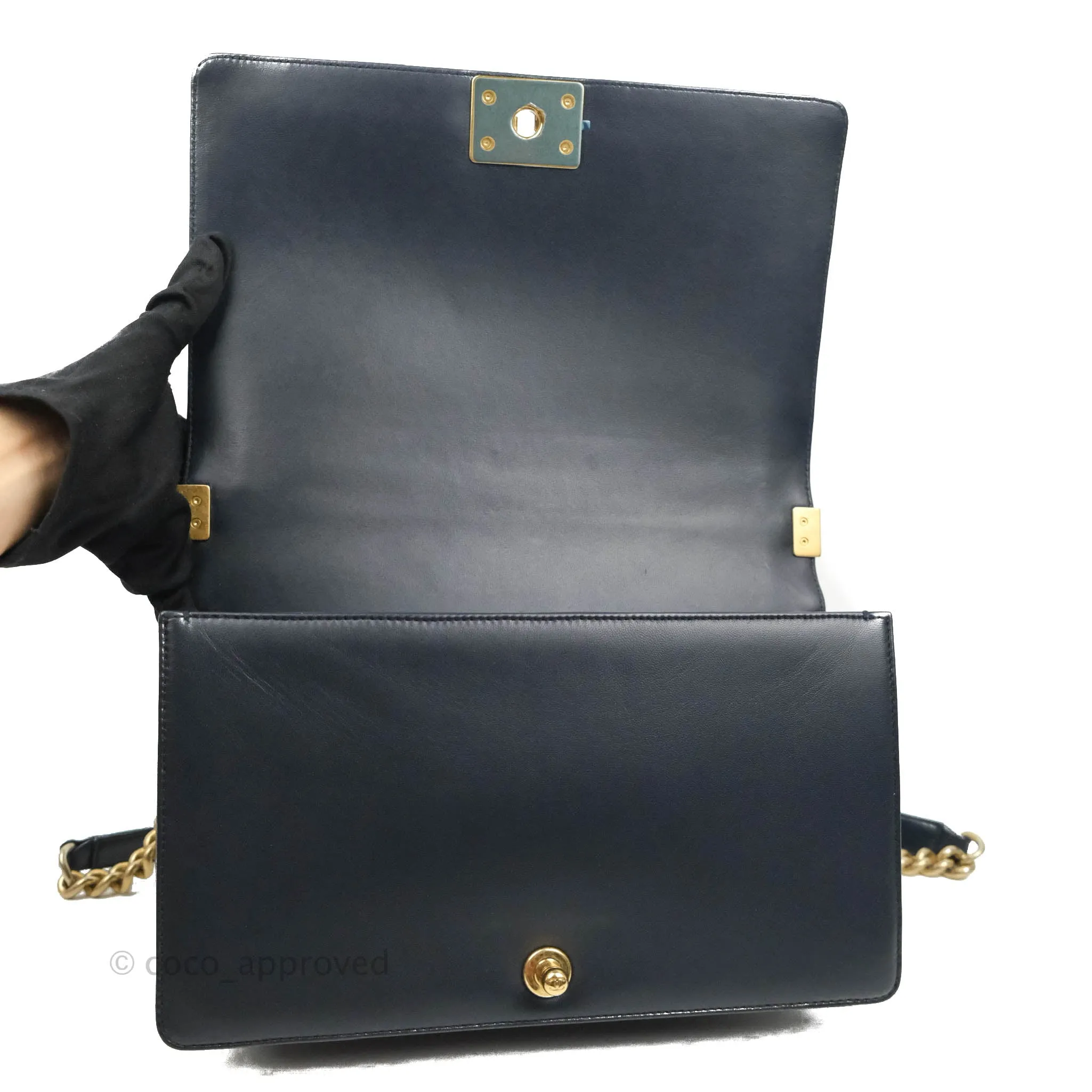 Chanel Quilted New Medium Boy Navy Lambskin Aged Gold Hardware