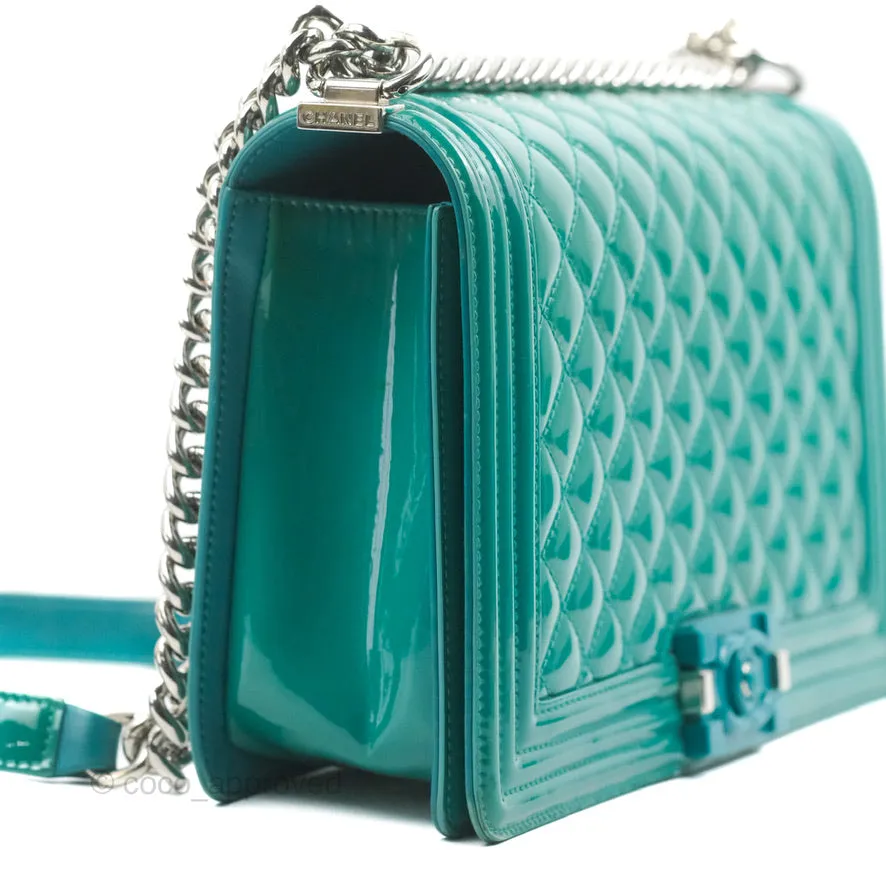 Chanel Quilted New Medium Boy Turquoise Patent Silver Hardware