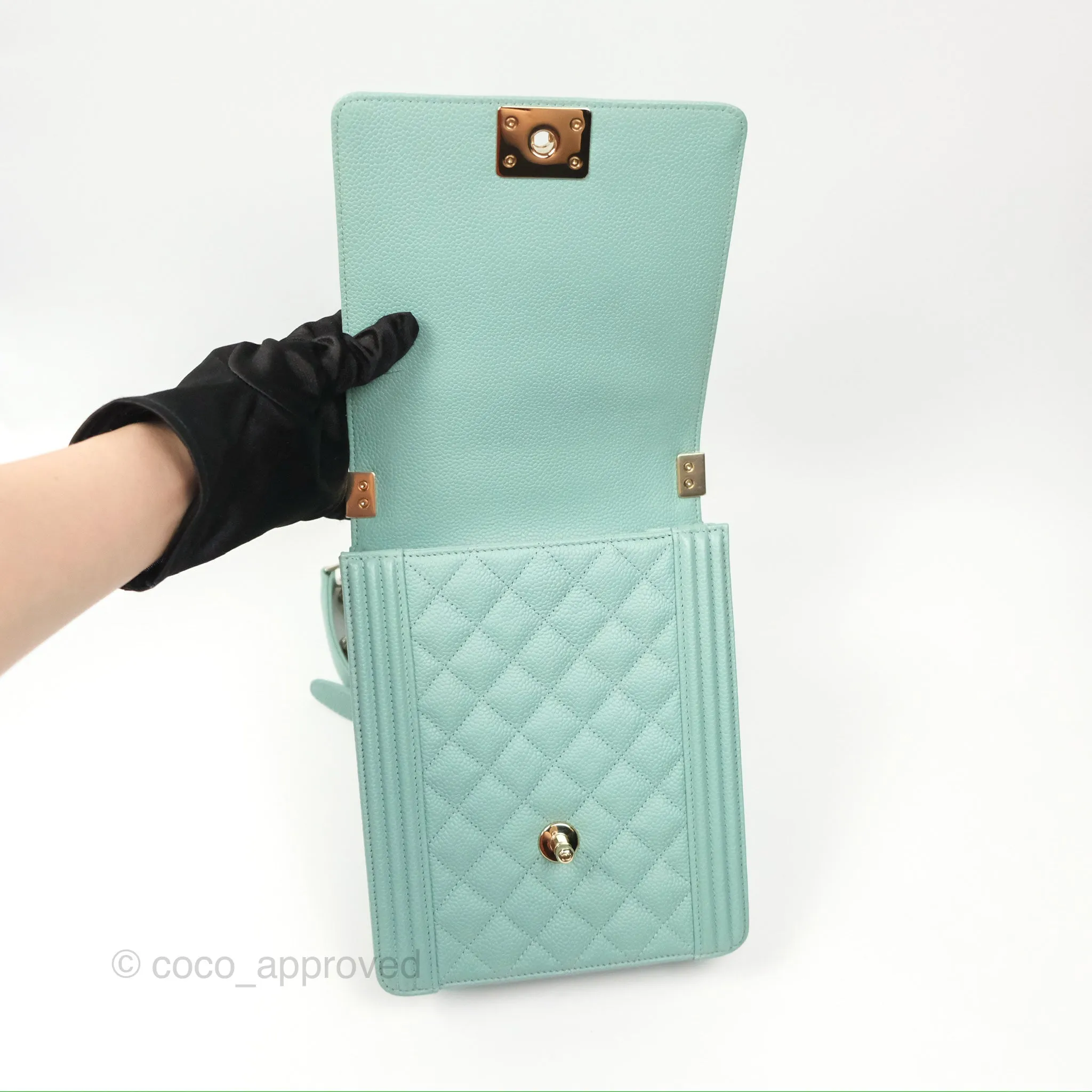 Chanel Quilted North South Boy Flap Tiffany Green Caviar Gold Hardware