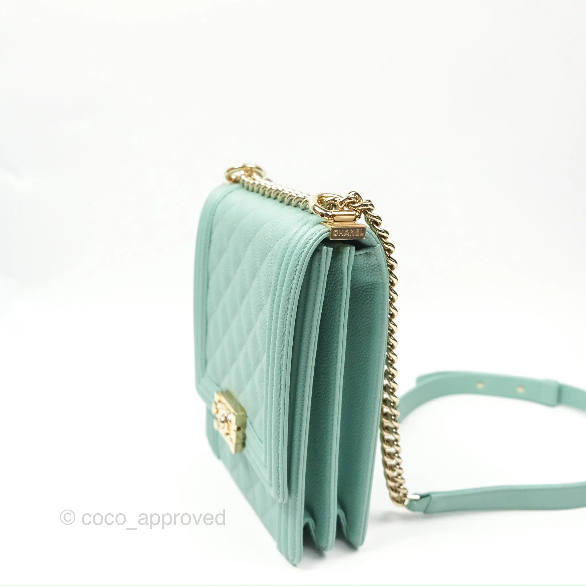 Chanel Quilted North South Boy Flap Tiffany Green Caviar Gold Hardware