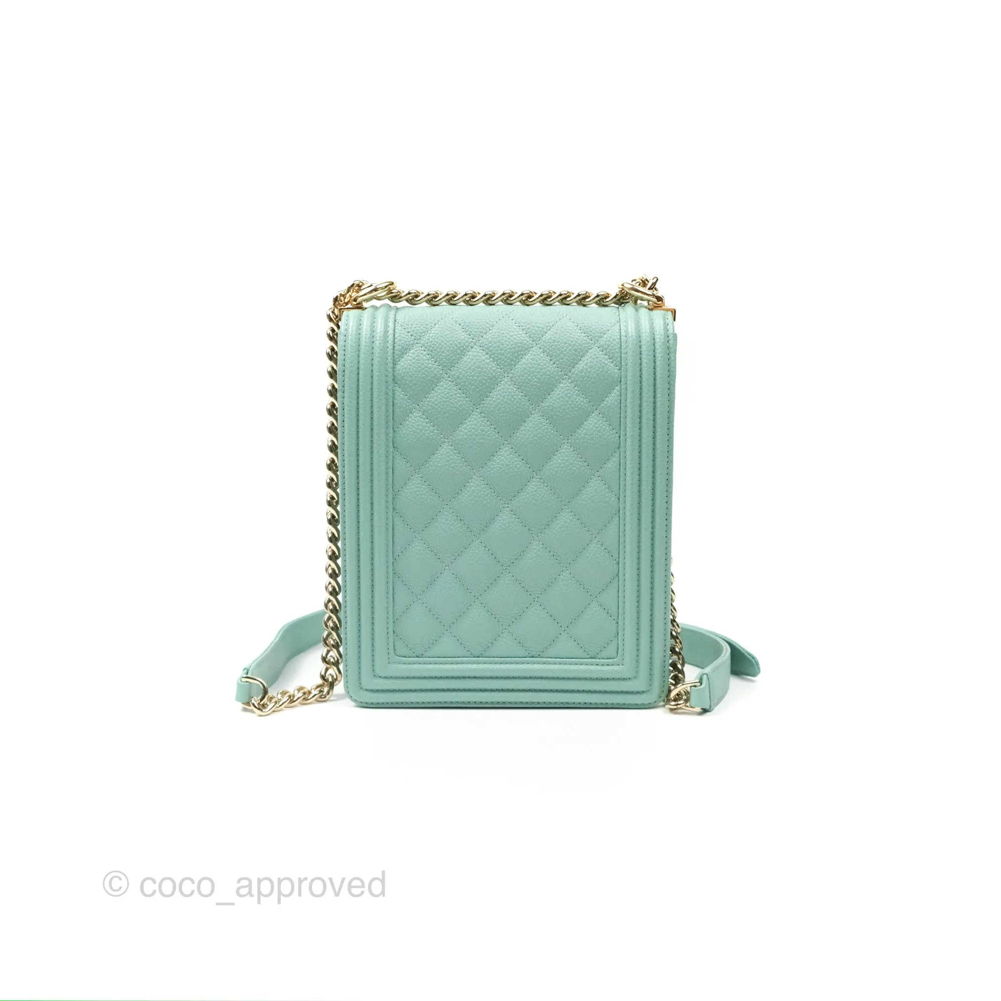 Chanel Quilted North South Boy Flap Tiffany Green Caviar Gold Hardware