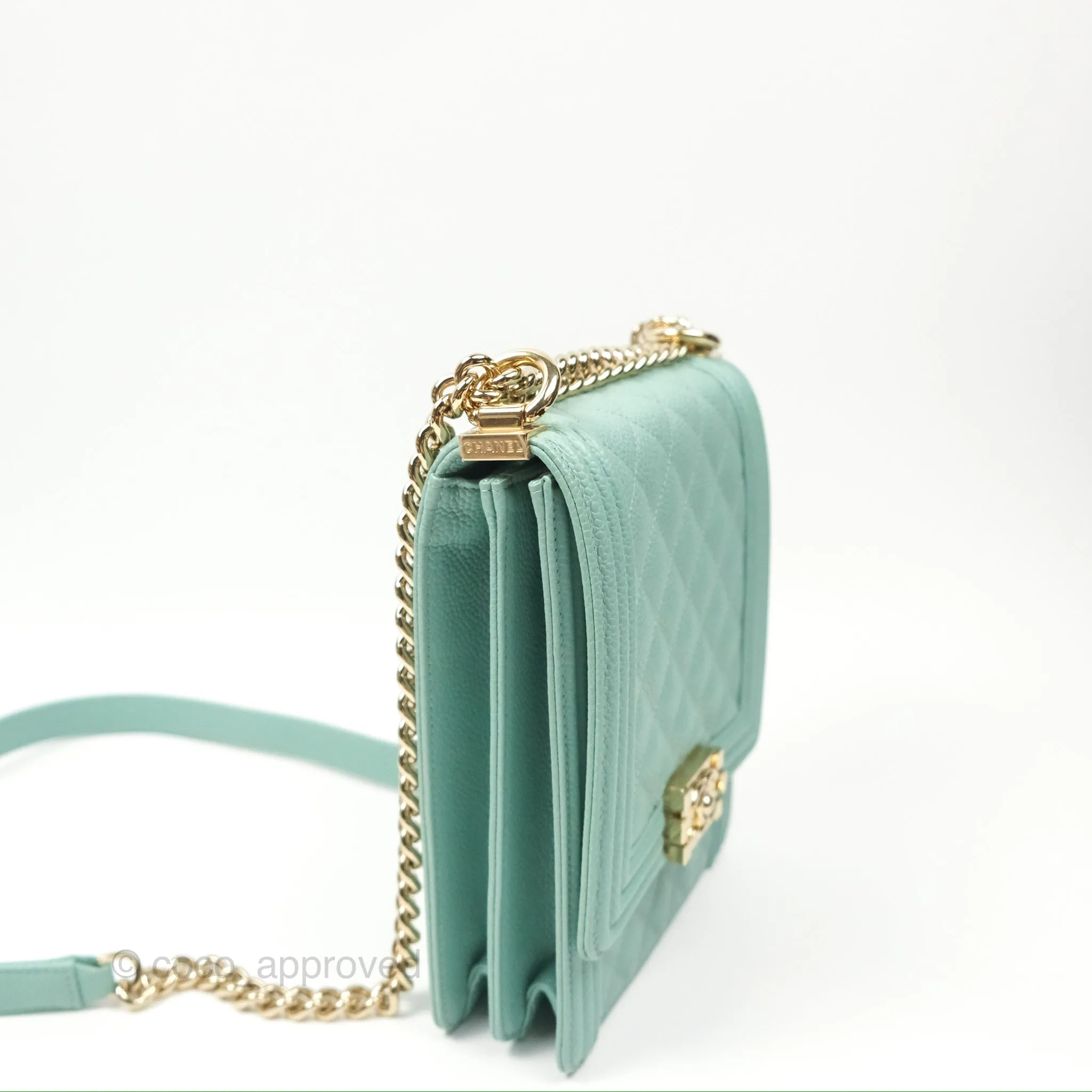 Chanel Quilted North South Boy Flap Tiffany Green Caviar Gold Hardware