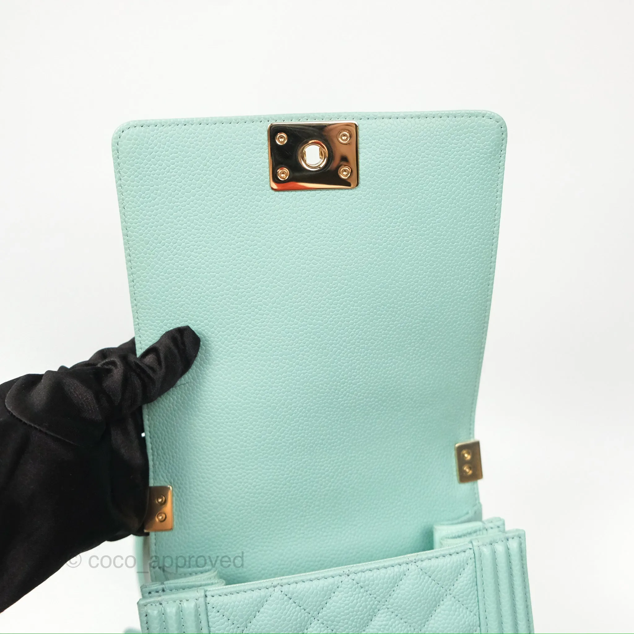 Chanel Quilted North South Boy Flap Tiffany Green Caviar Gold Hardware