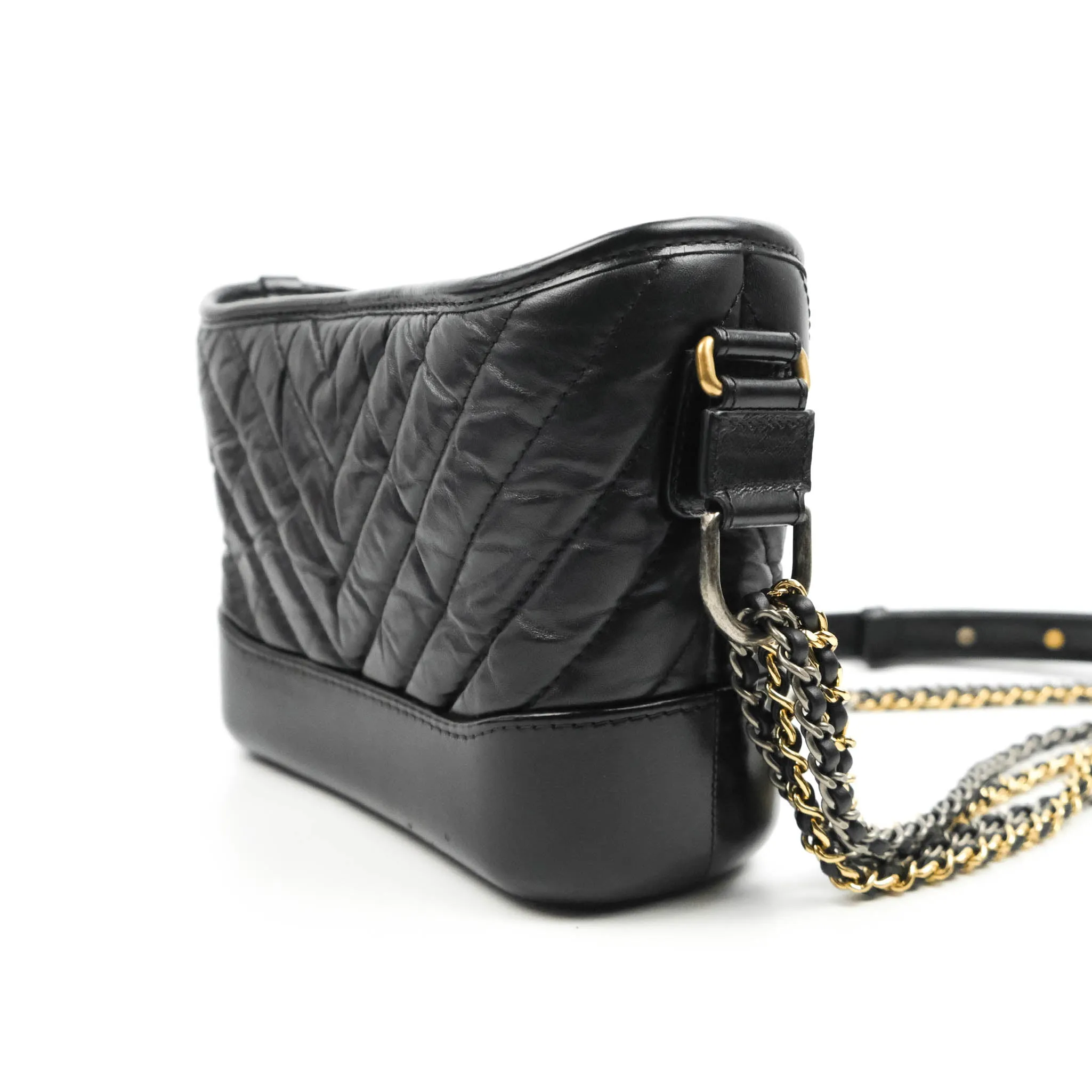 Chanel Quilted Small Gabrielle Hobo Black Chevron Aged Calfskin Mixed Hardware